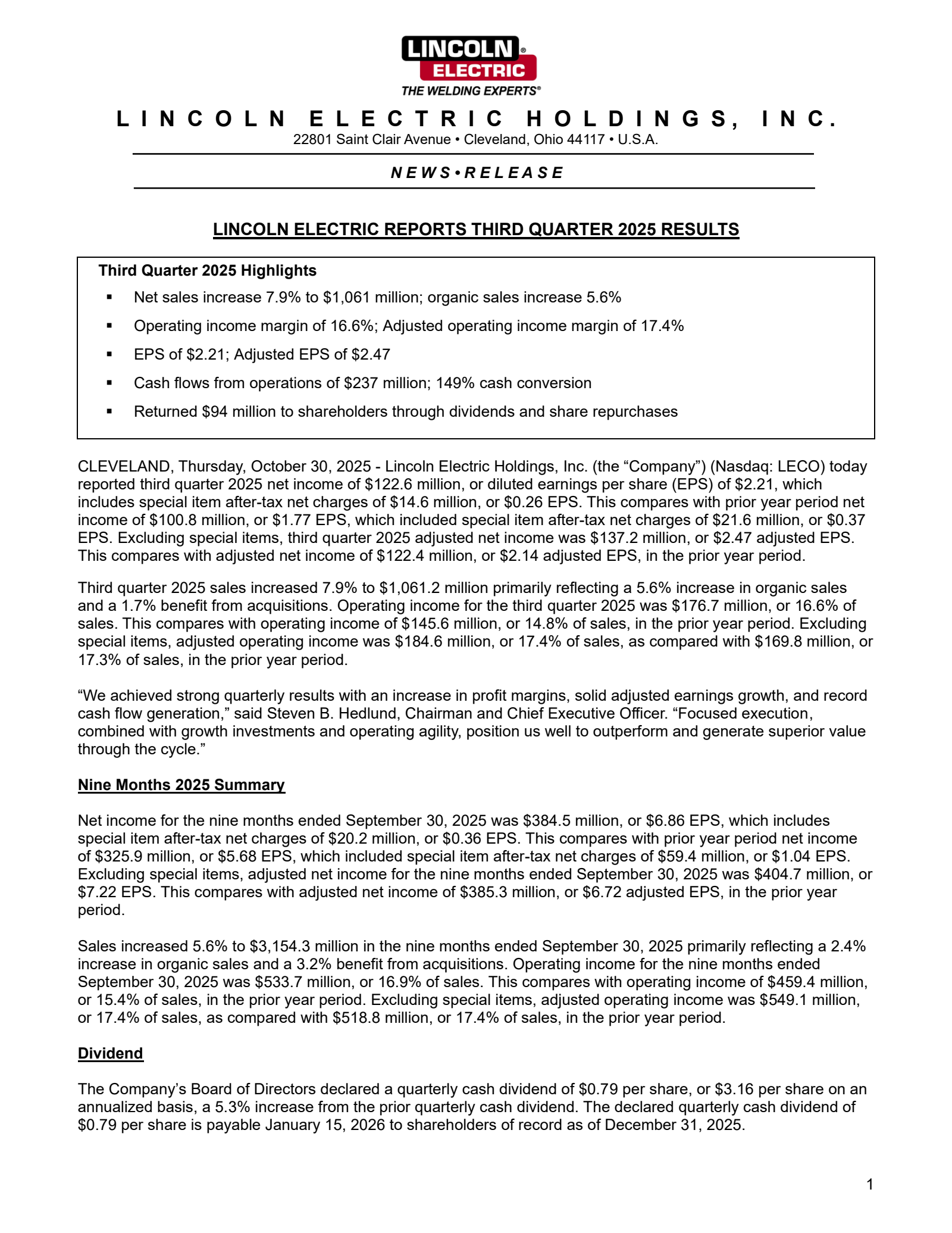 Lincoln Electric's Q3 2025 Earnings Release