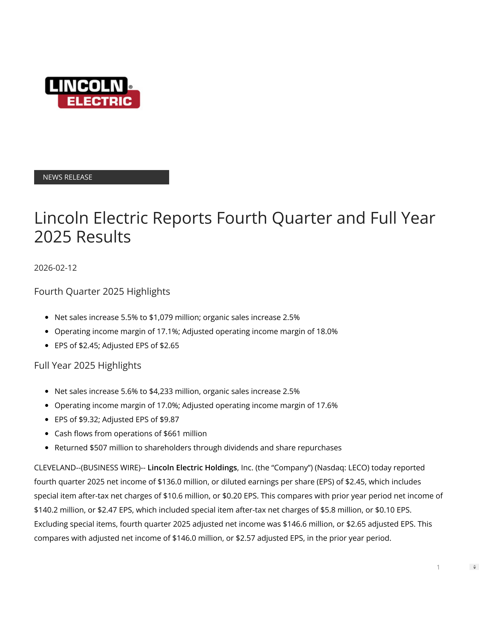 Lincoln Electric's Q4 2025 Press Release