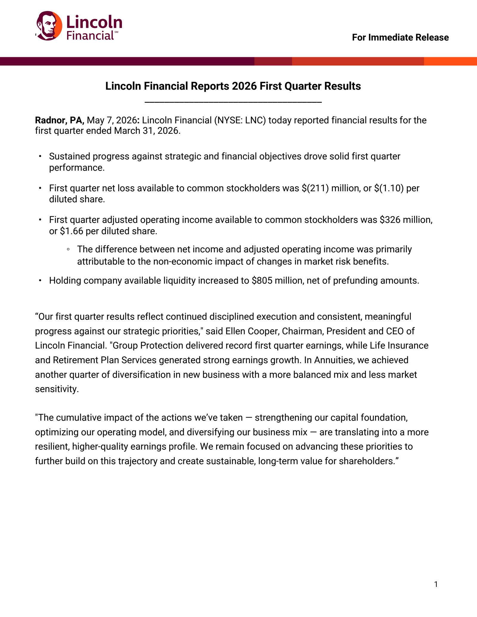Lincoln National's Q1 2026 Press Release