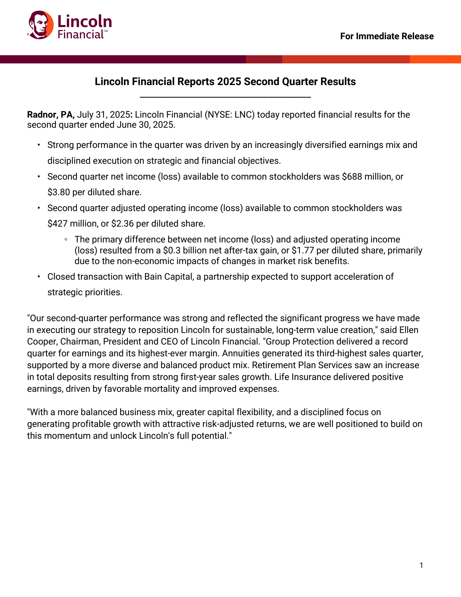 Lincoln National's Q2 2025 Press Release