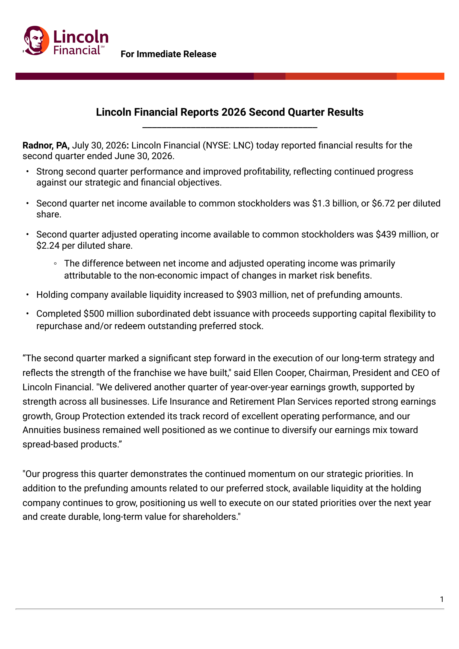 Lincoln National's Q2 2026 Press Release