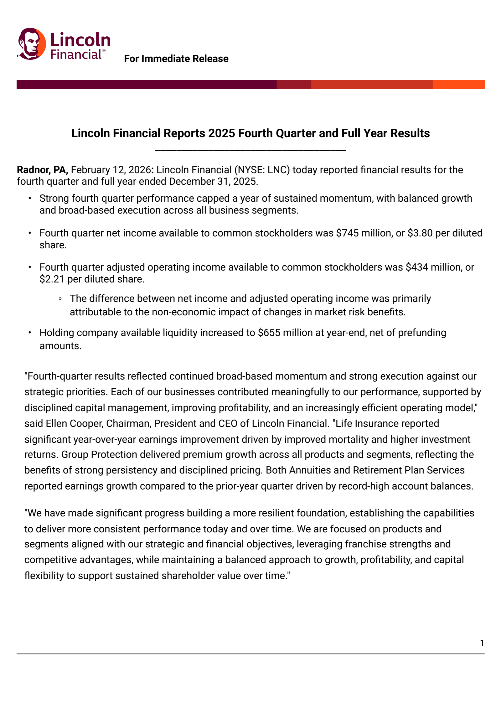 Lincoln National's Q4 2025 Press Release