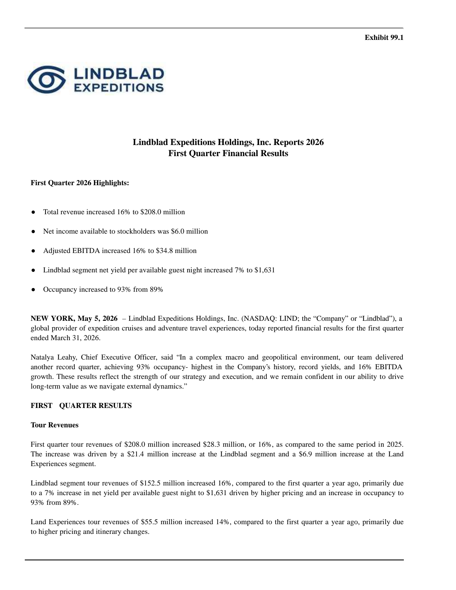 Lindblad Expeditions' Q1 2026 Press Release