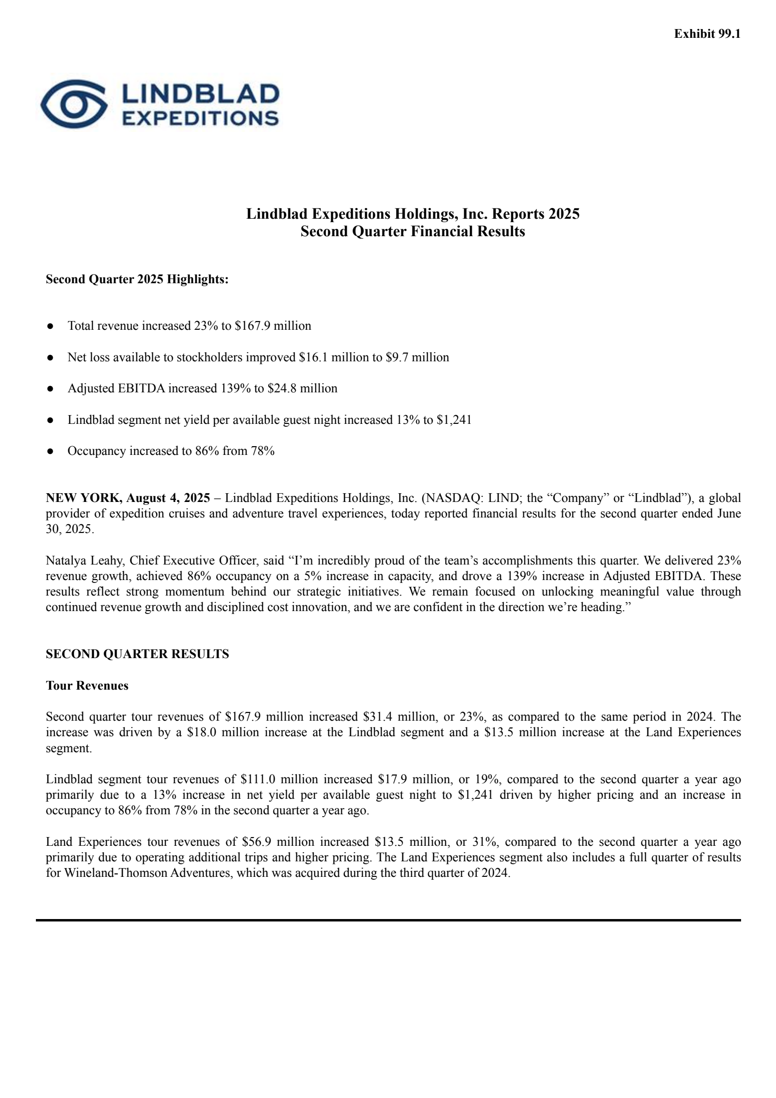 Lindblad Expeditions' Q2 2025 Press Release