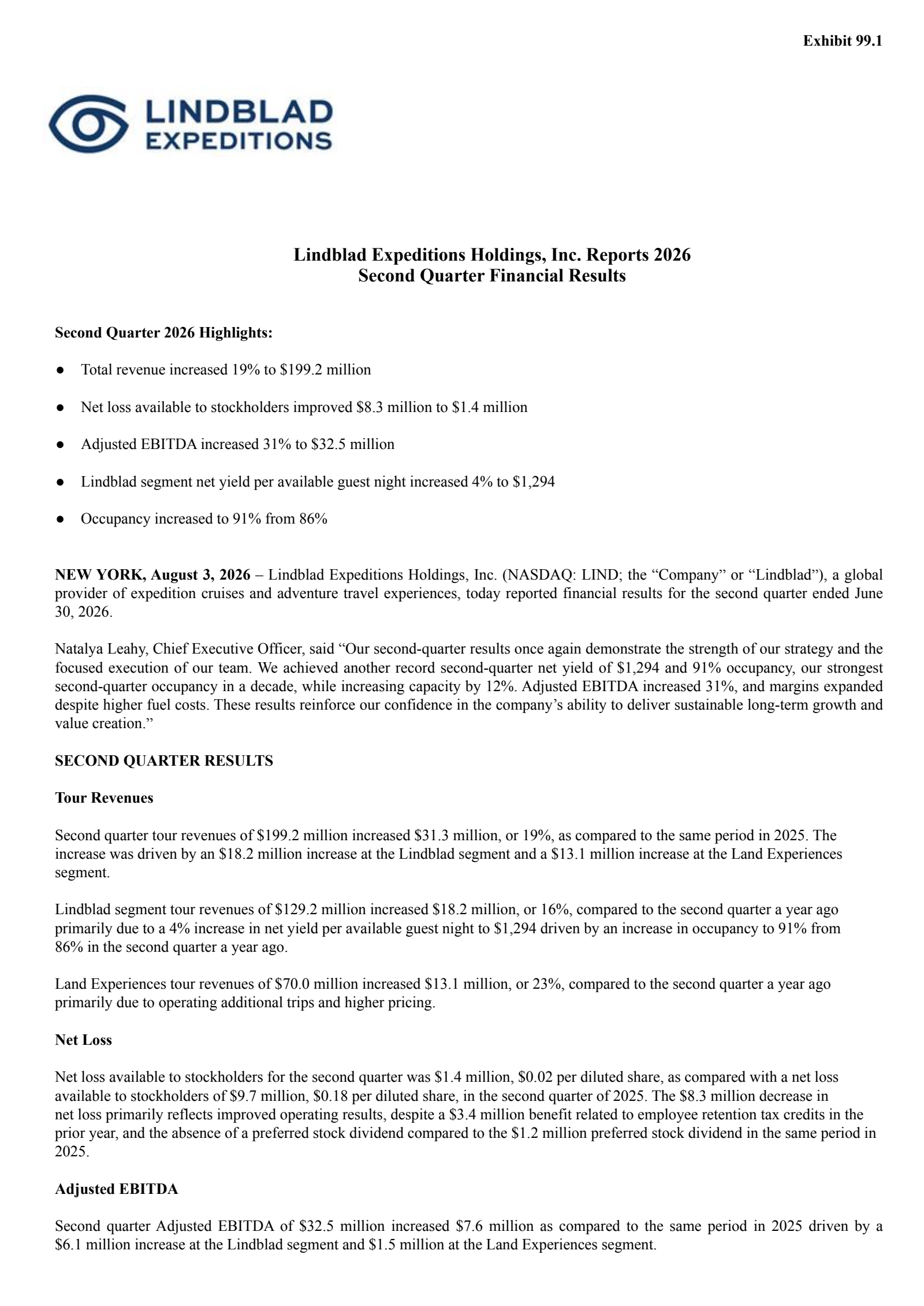 Lindblad Expeditions' Q2 2026 Press Release
