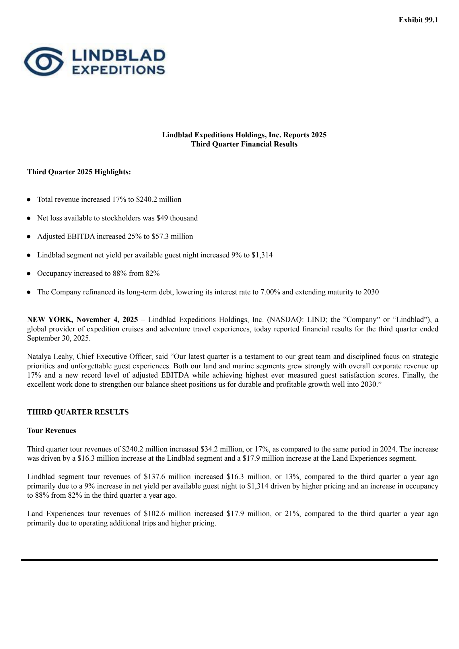 Lindblad Expeditions' Q3 2025 Earnings Release