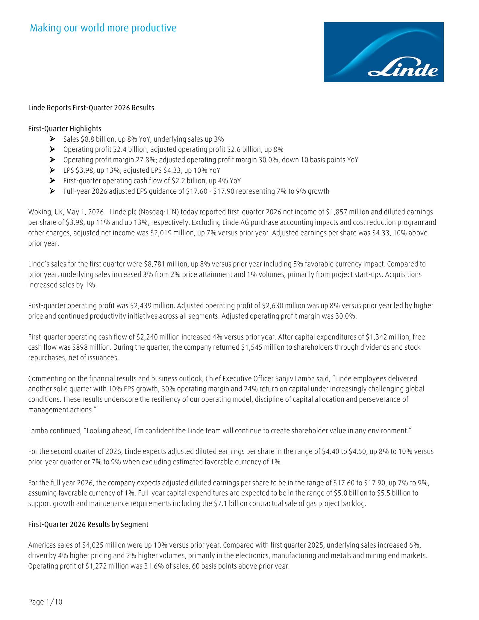 Linde's Q1 2026 Press Release