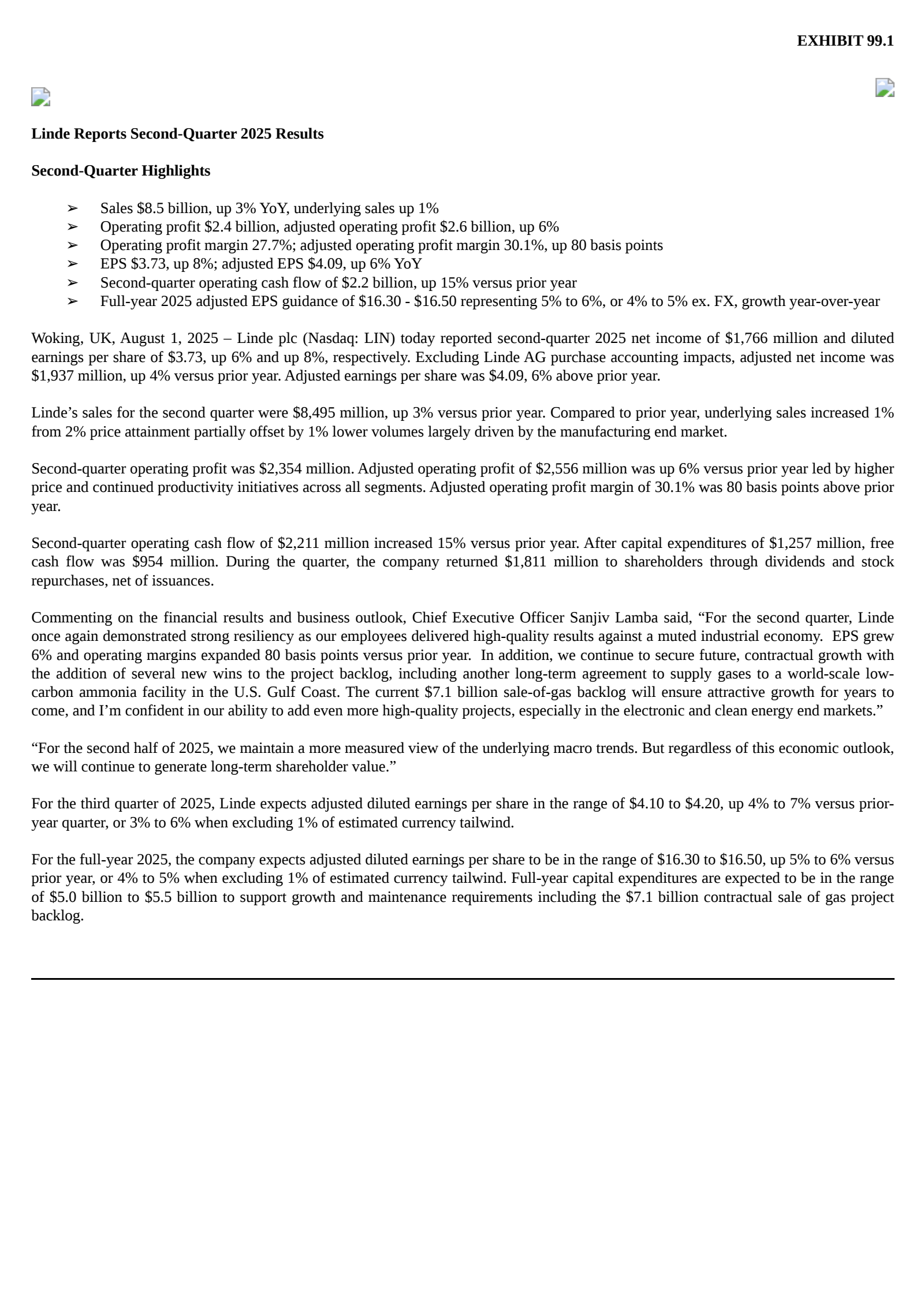 Linde's Q2 2025 Press Release