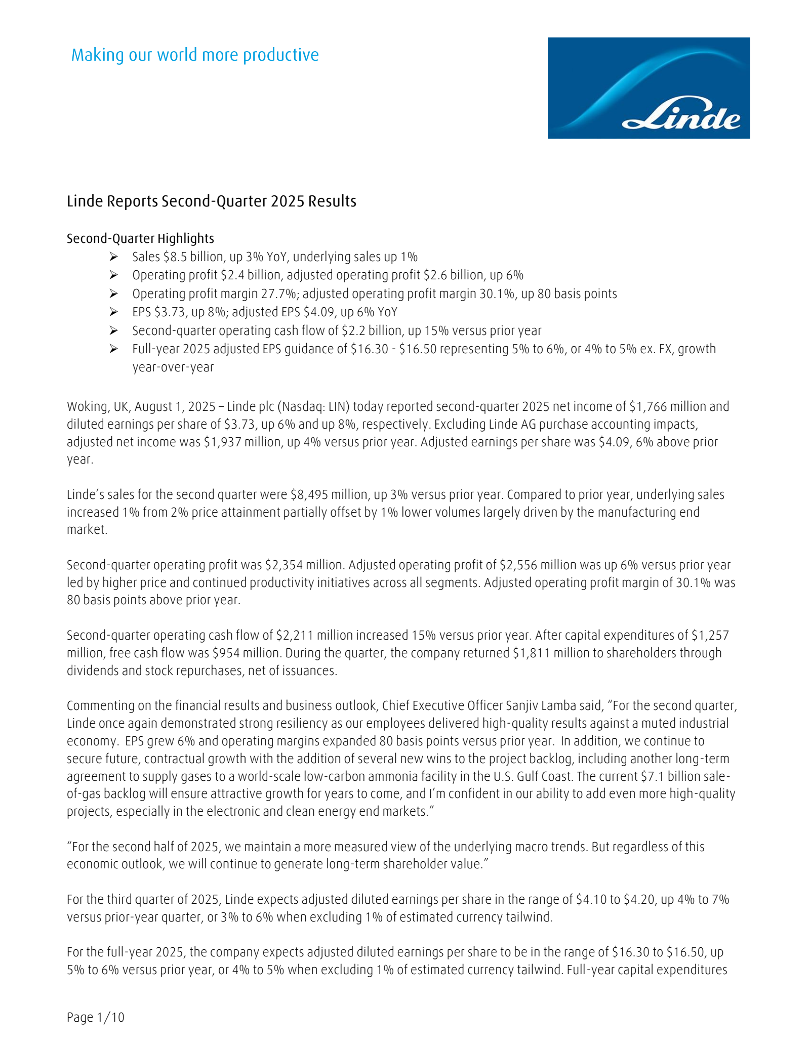 Linde's Q2 2025 Earnings Release