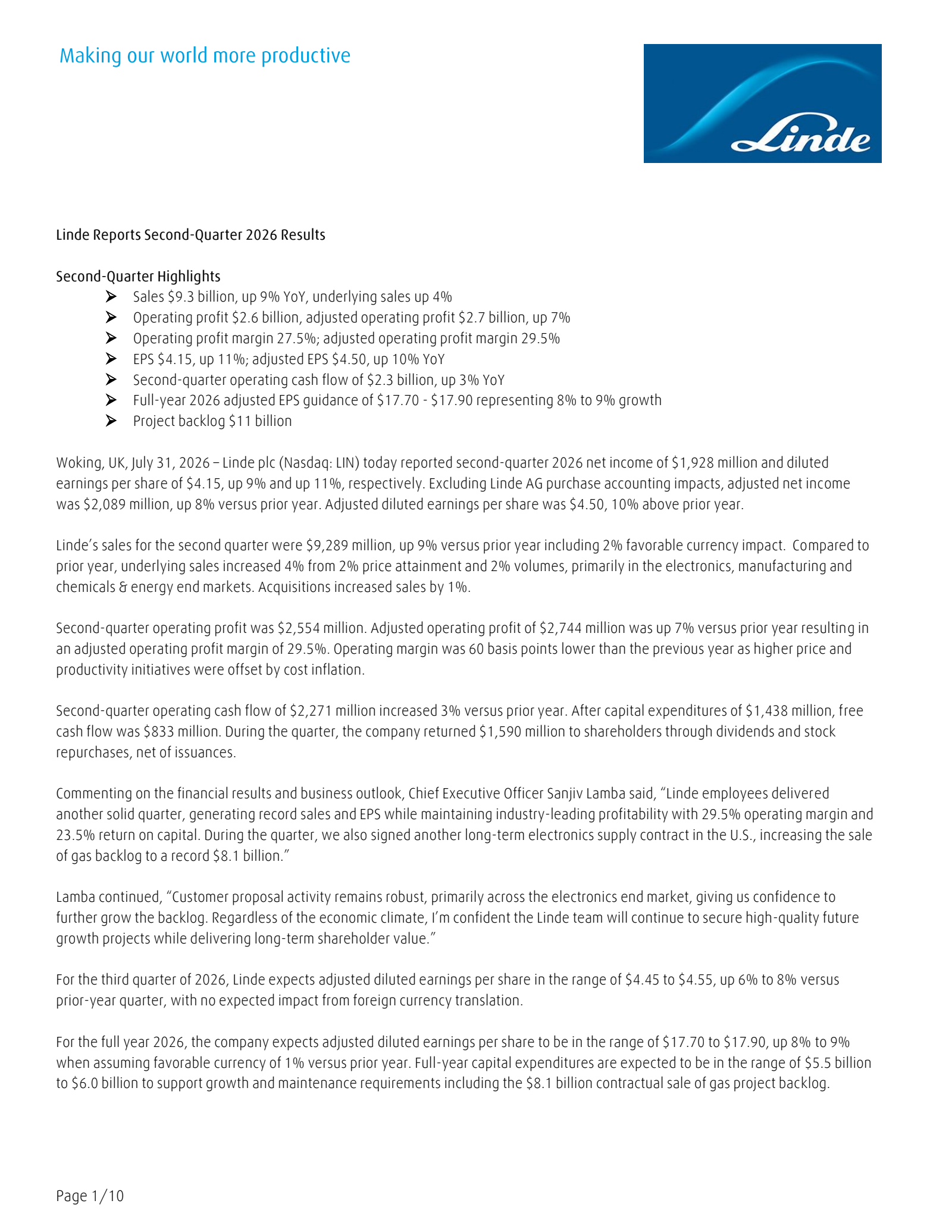 Linde's Q2 2026 Press Release