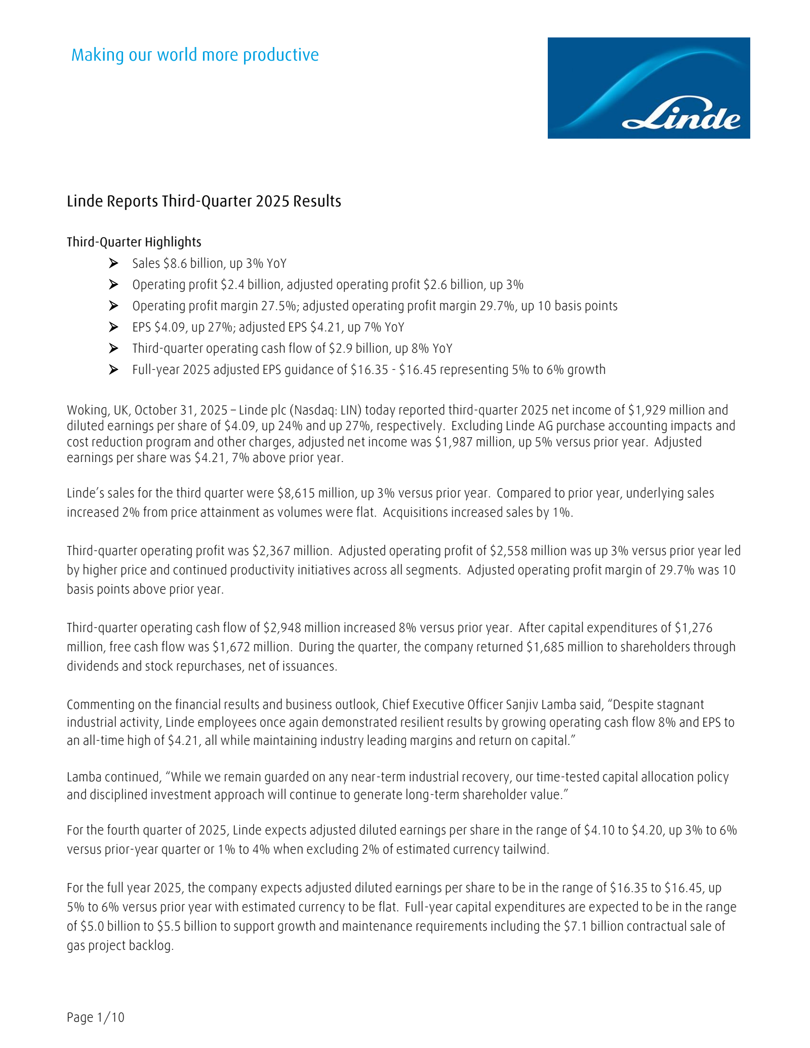 Linde's Q3 2025 Earnings Release
