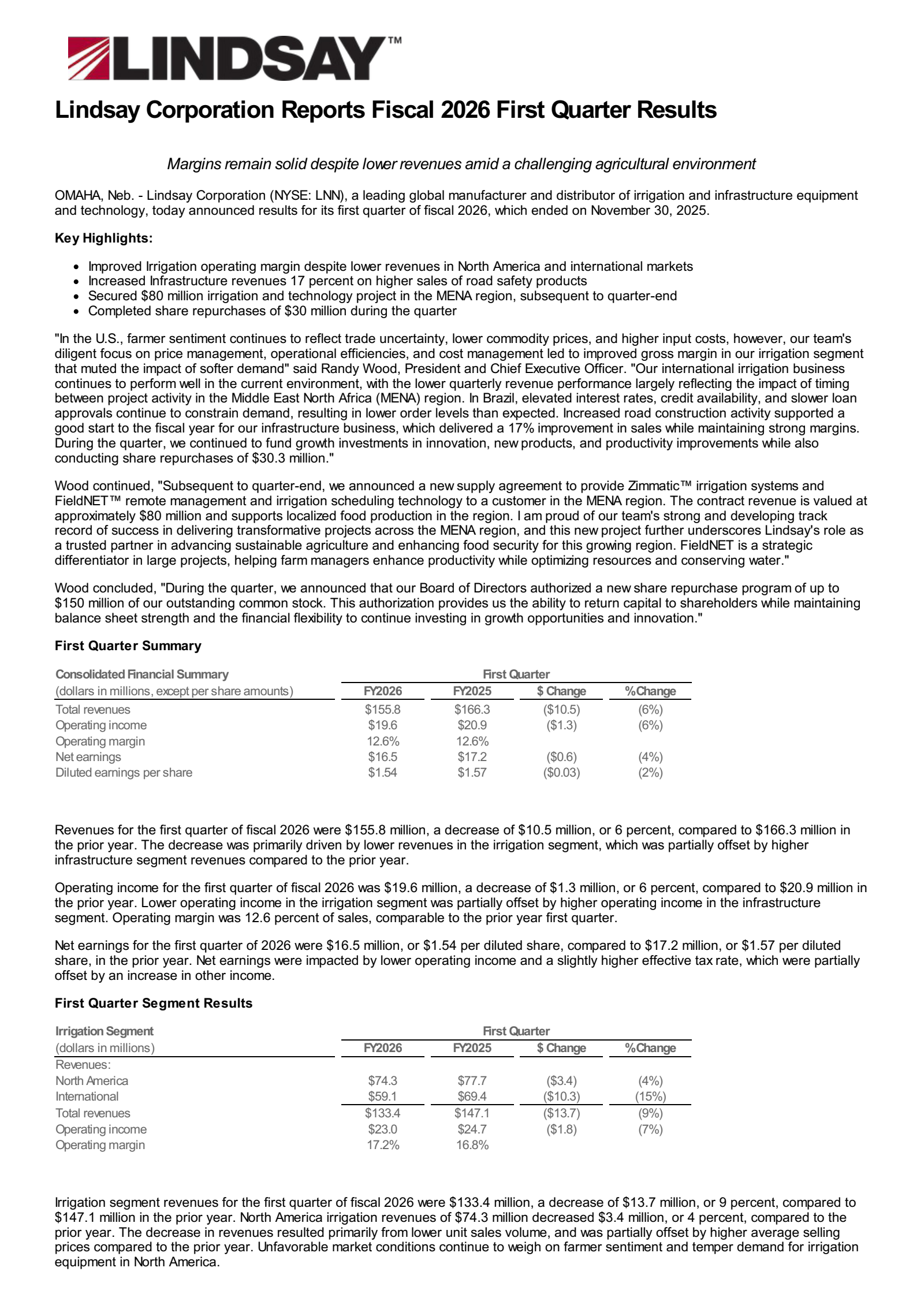 Lindsay's Q1 2026 Earnings Release