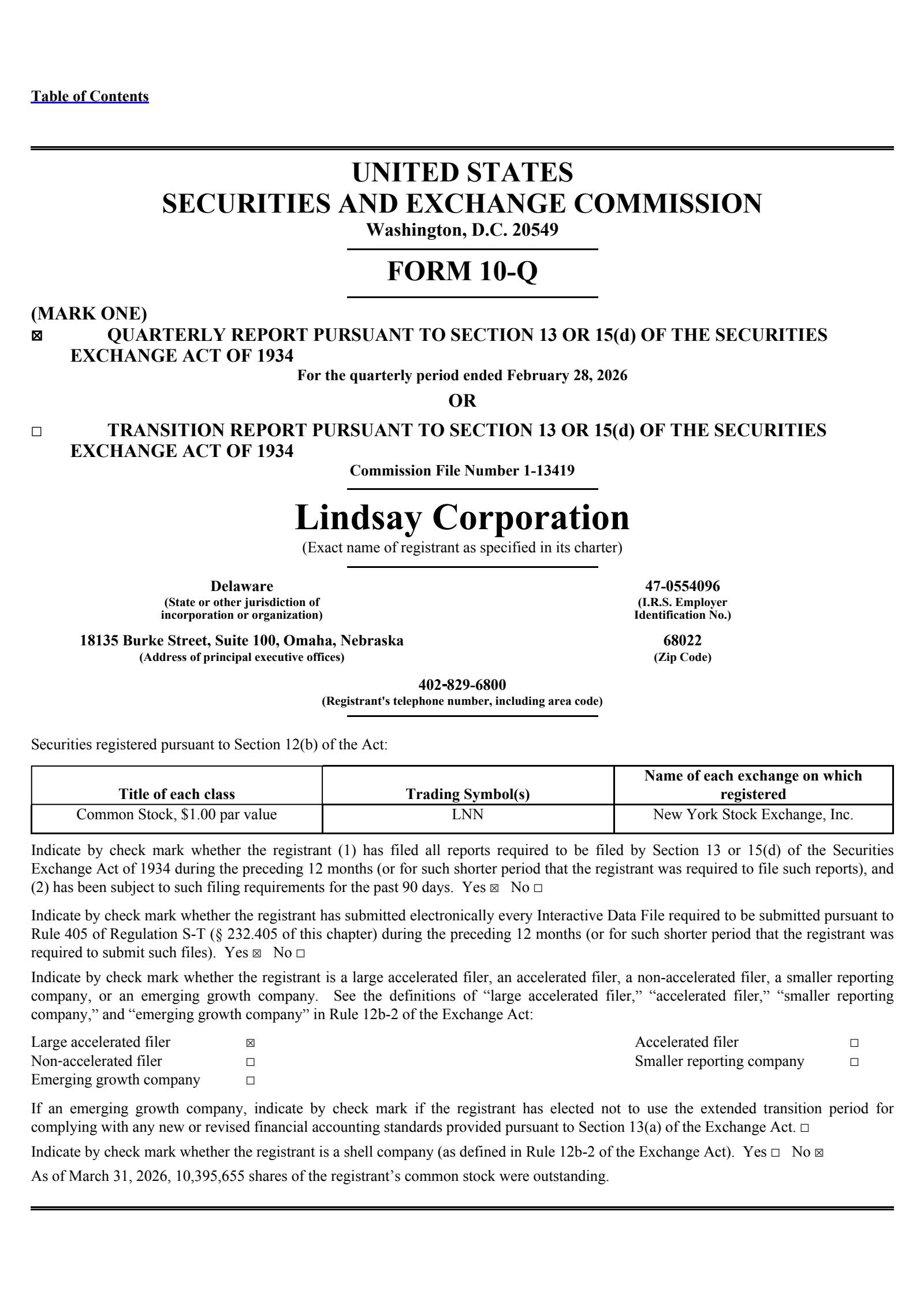 Lindsay's Q2 2026 Quarterly report