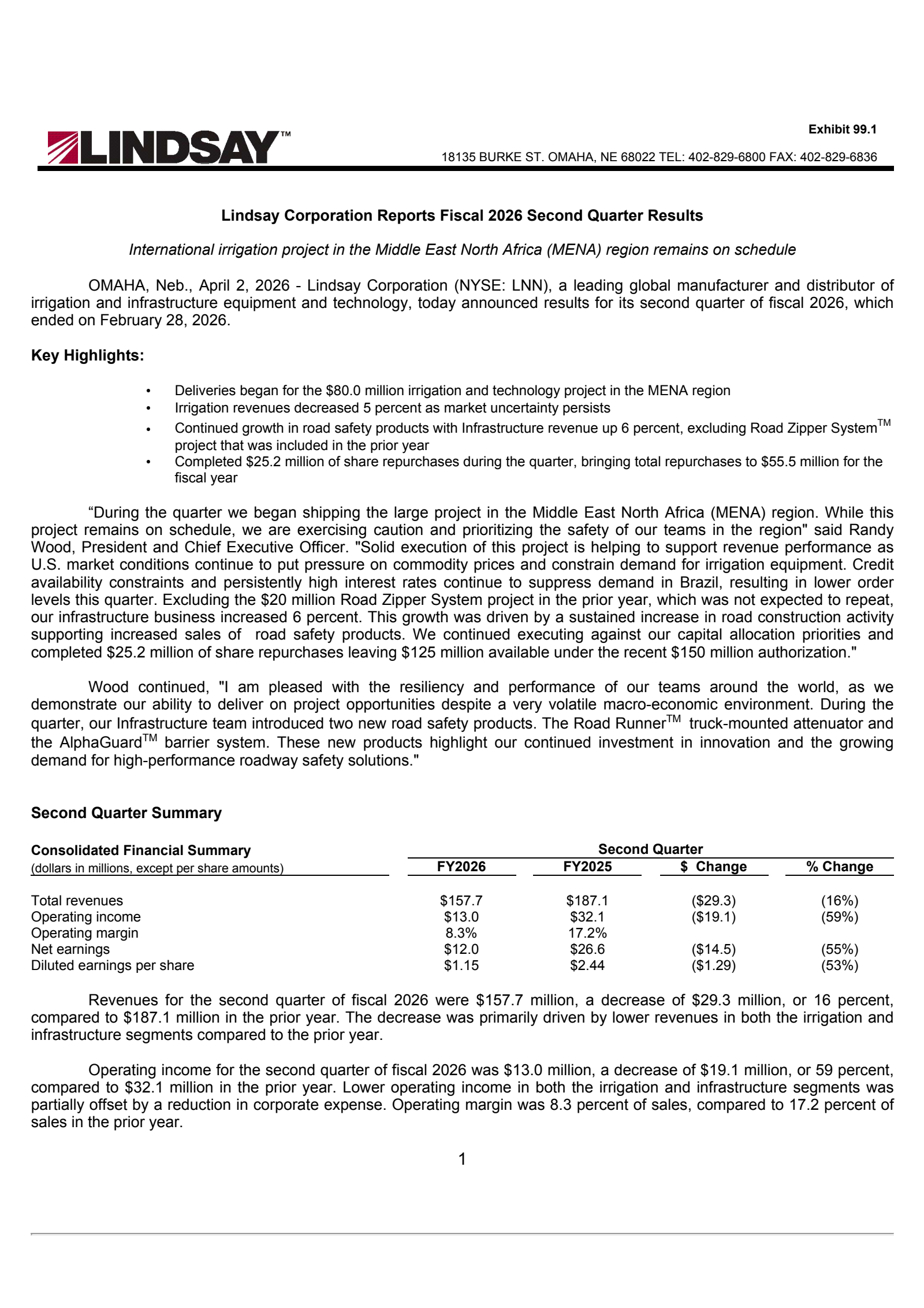 Lindsay's Q2 2026 Press Release
