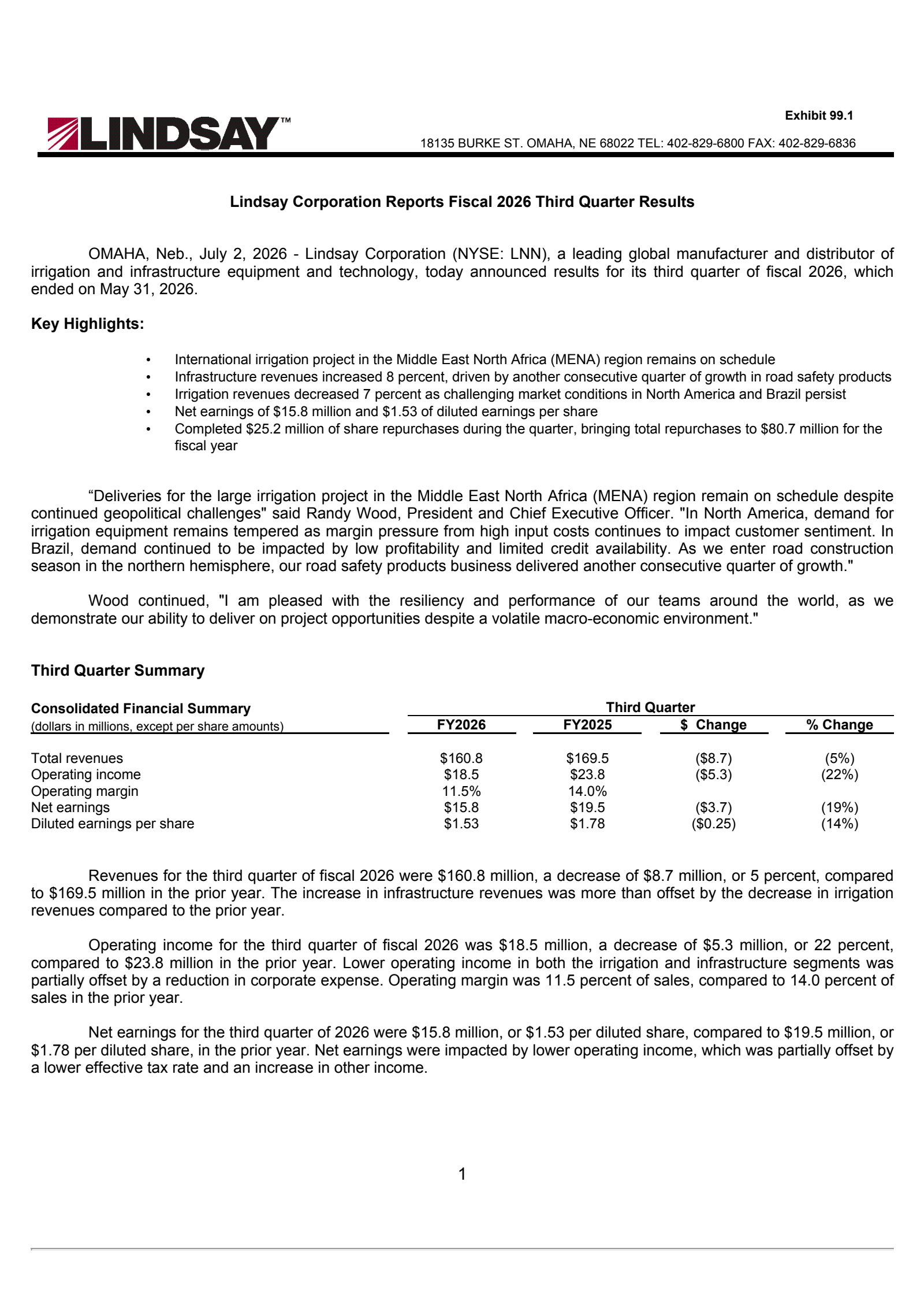 Lindsay's Q3 2026 Press Release