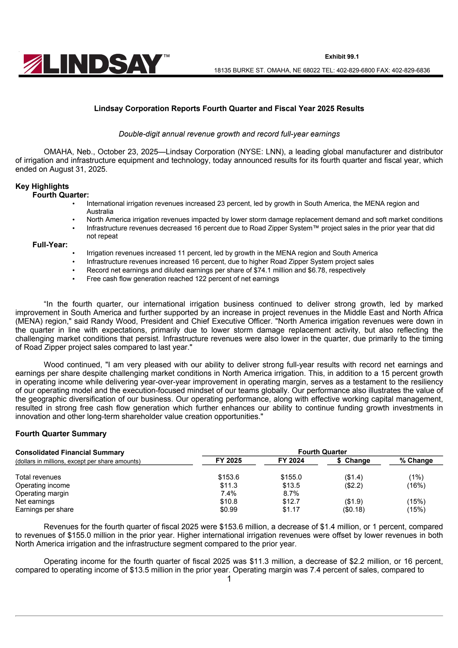Lindsay's Q4 2025 Earnings Release