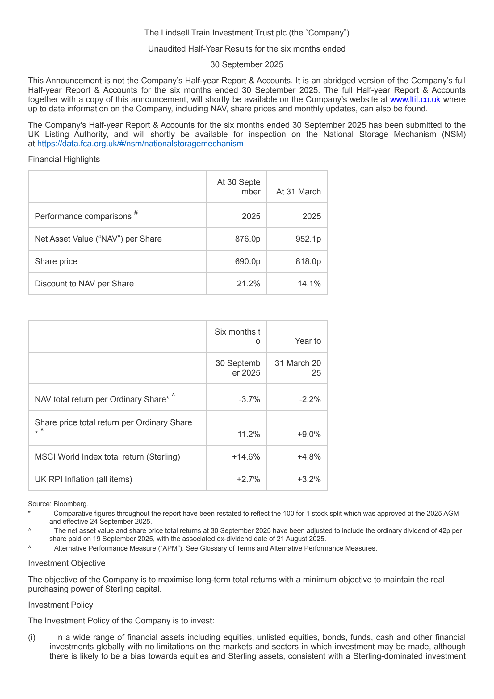 Lindsell Train Investment Trust's H1 2026 Interim Report