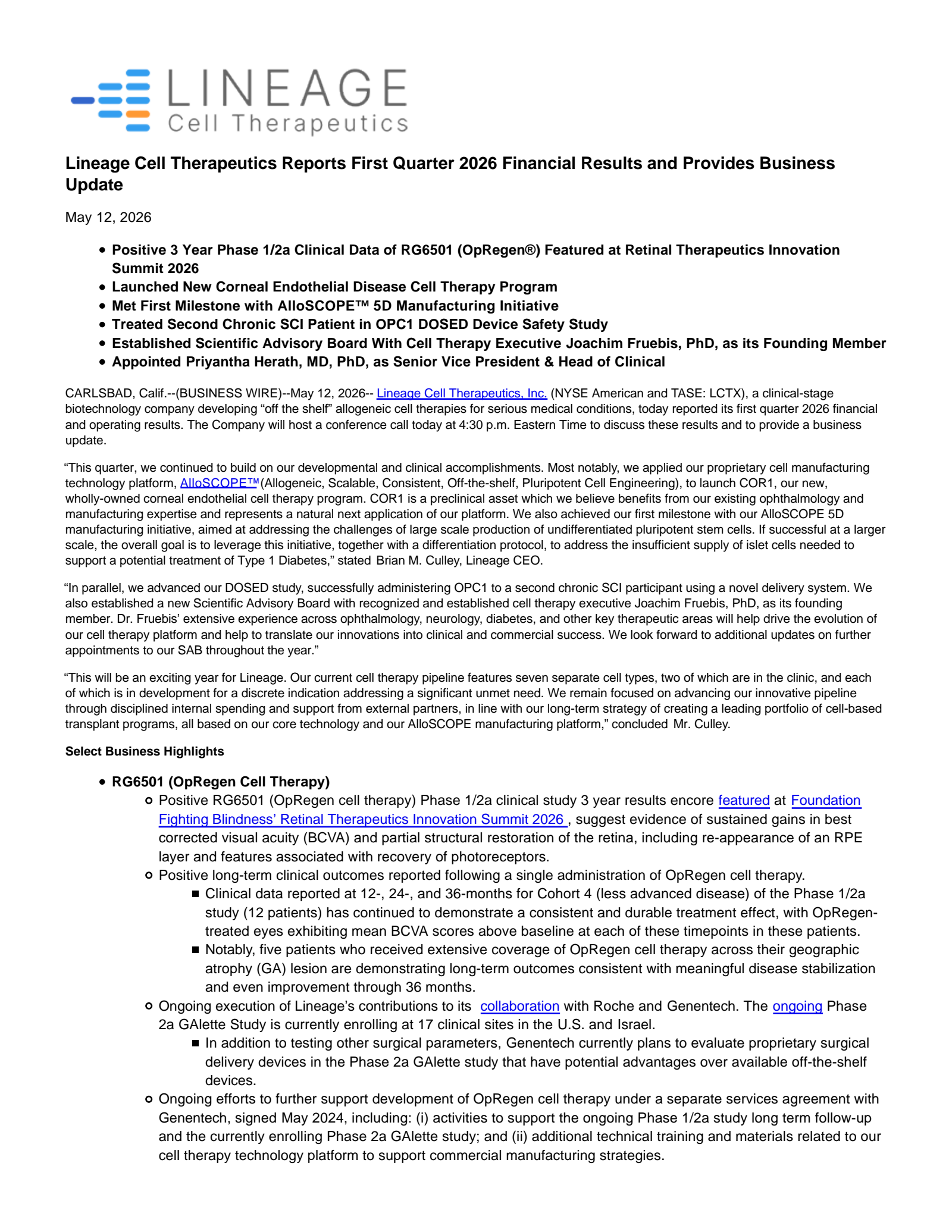 Lineage Cell Therapeutics' Q1 2026 Press Release