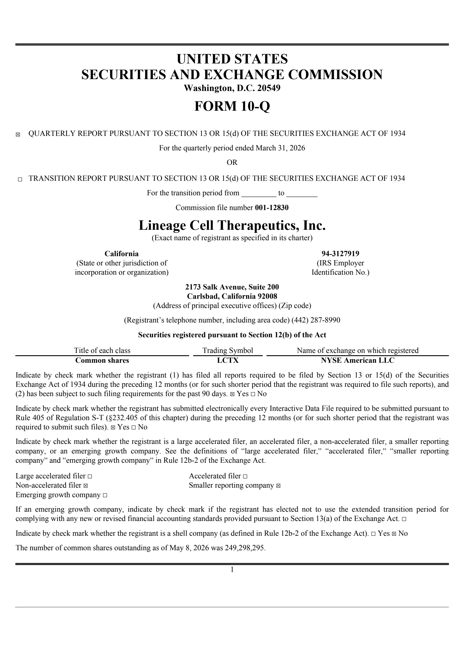 Lineage Cell Therapeutics' Q1 2026 Quarterly report
