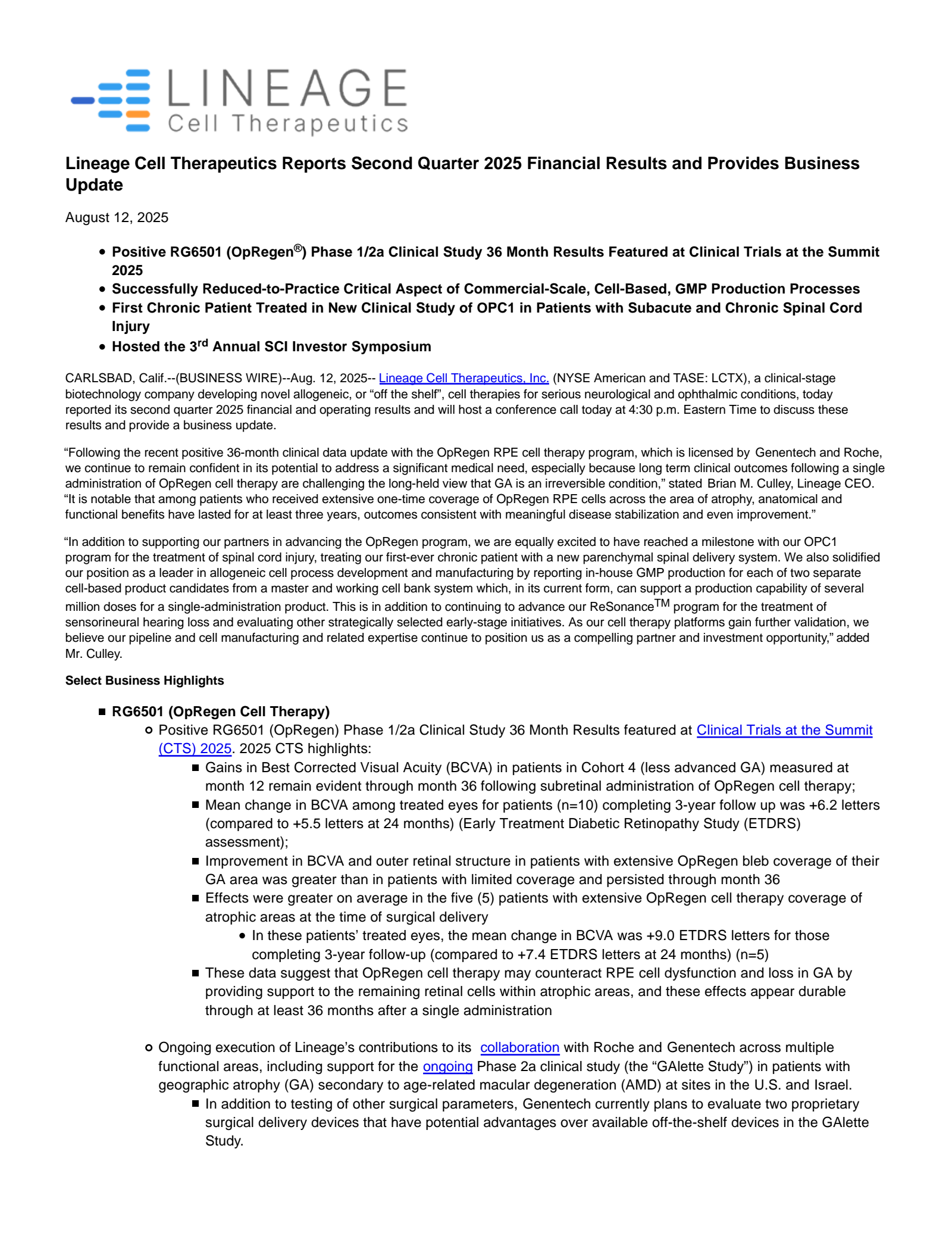 Lineage Cell Therapeutics' Q2 2025 Press Release