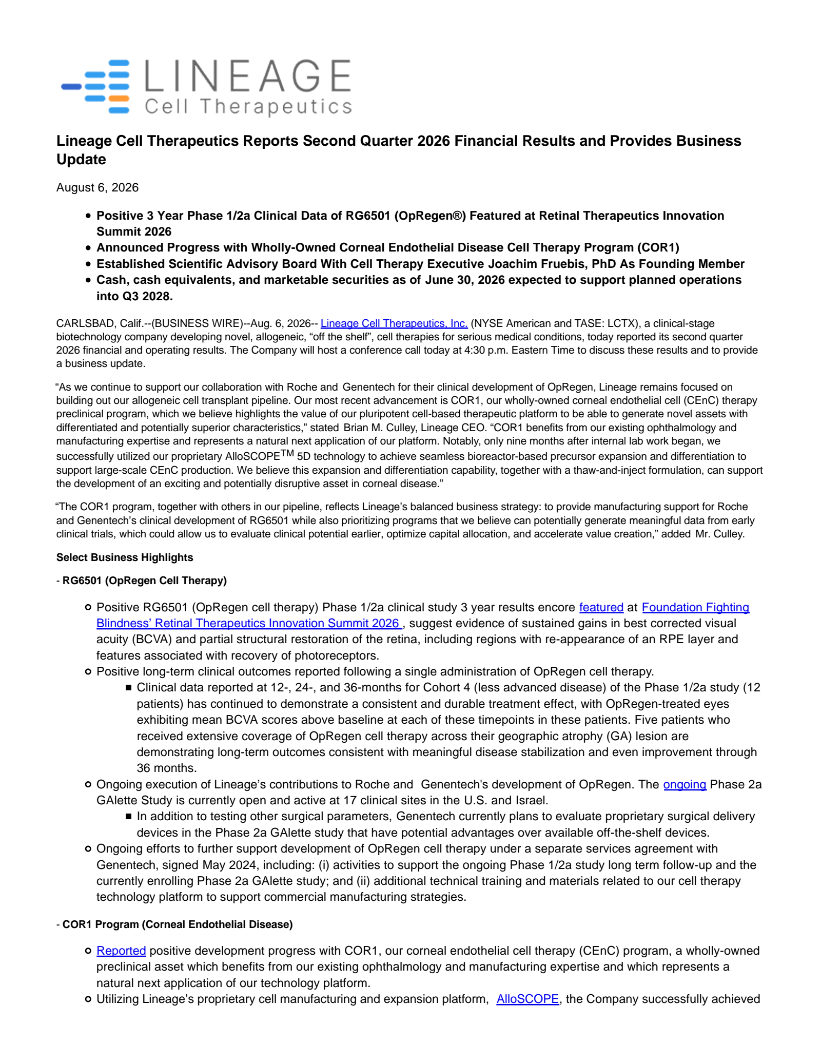 Lineage Cell Therapeutics' Q2 2026 Press Release