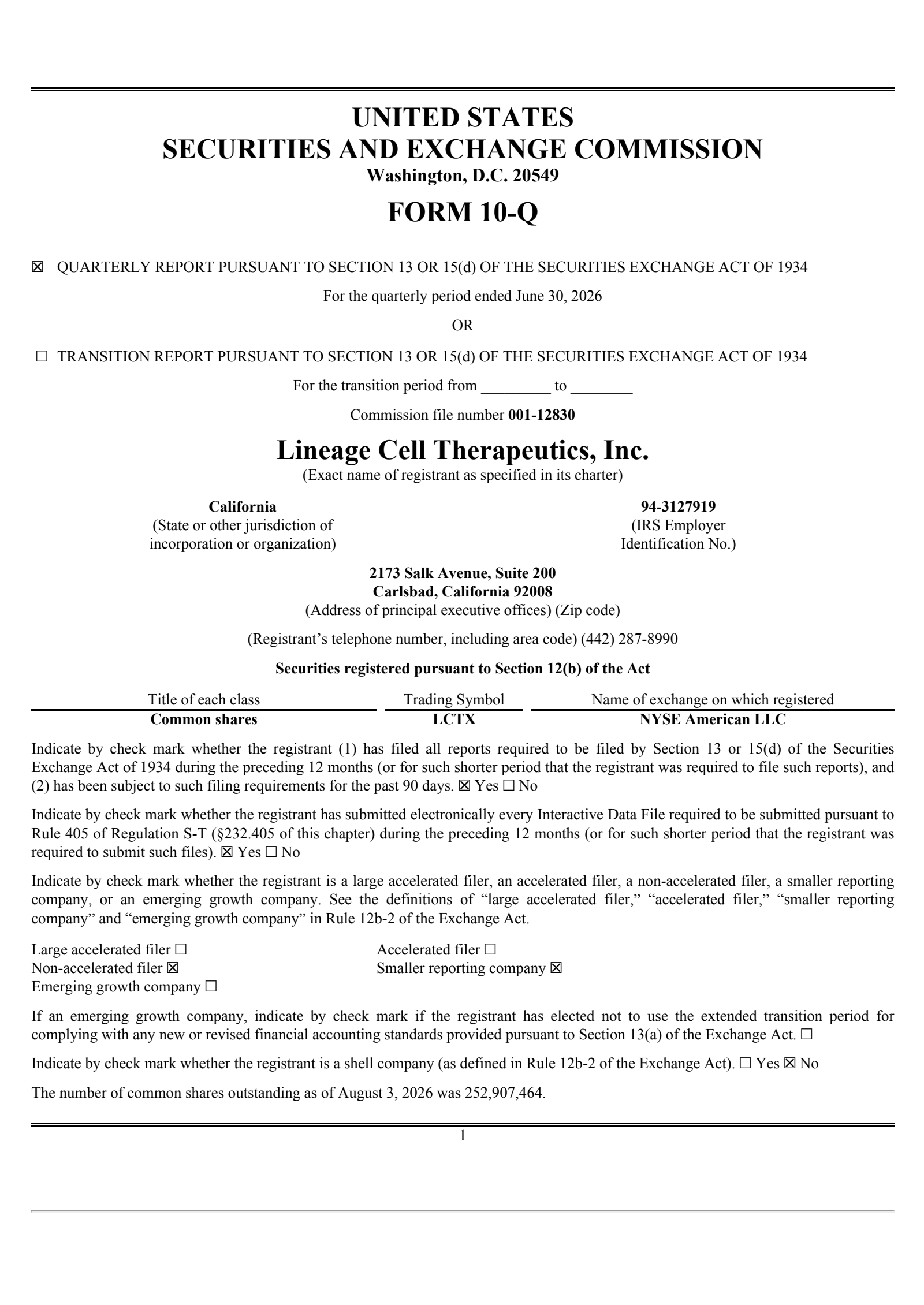 Lineage Cell Therapeutics' Q2 2026 Quarterly report