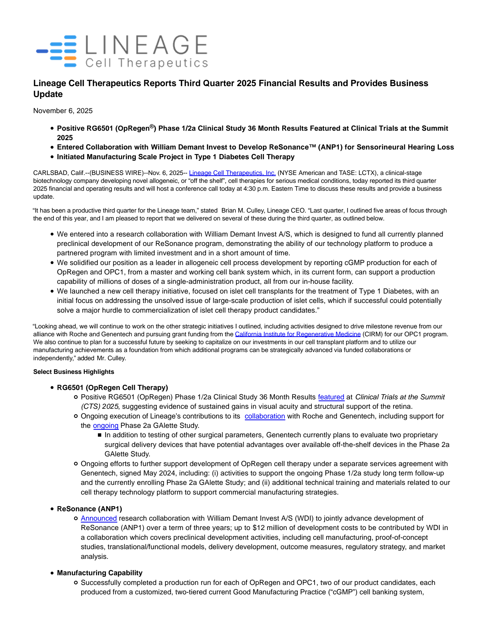 Lineage Cell Therapeutics' Q3 2025 Earnings Release