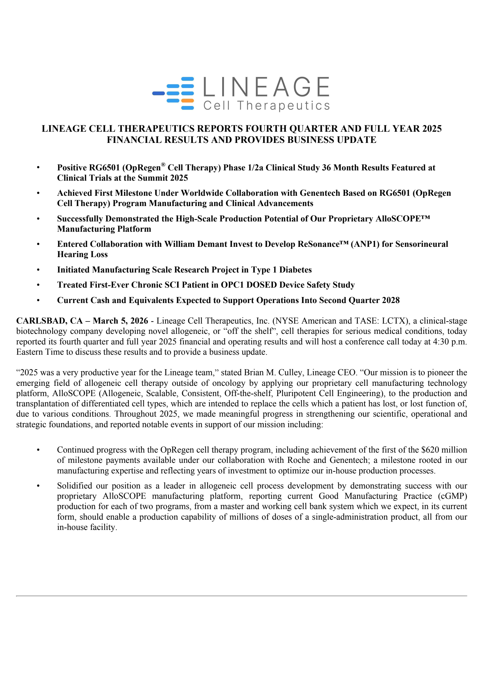 Lineage Cell Therapeutics' Q4 2025 Press Release