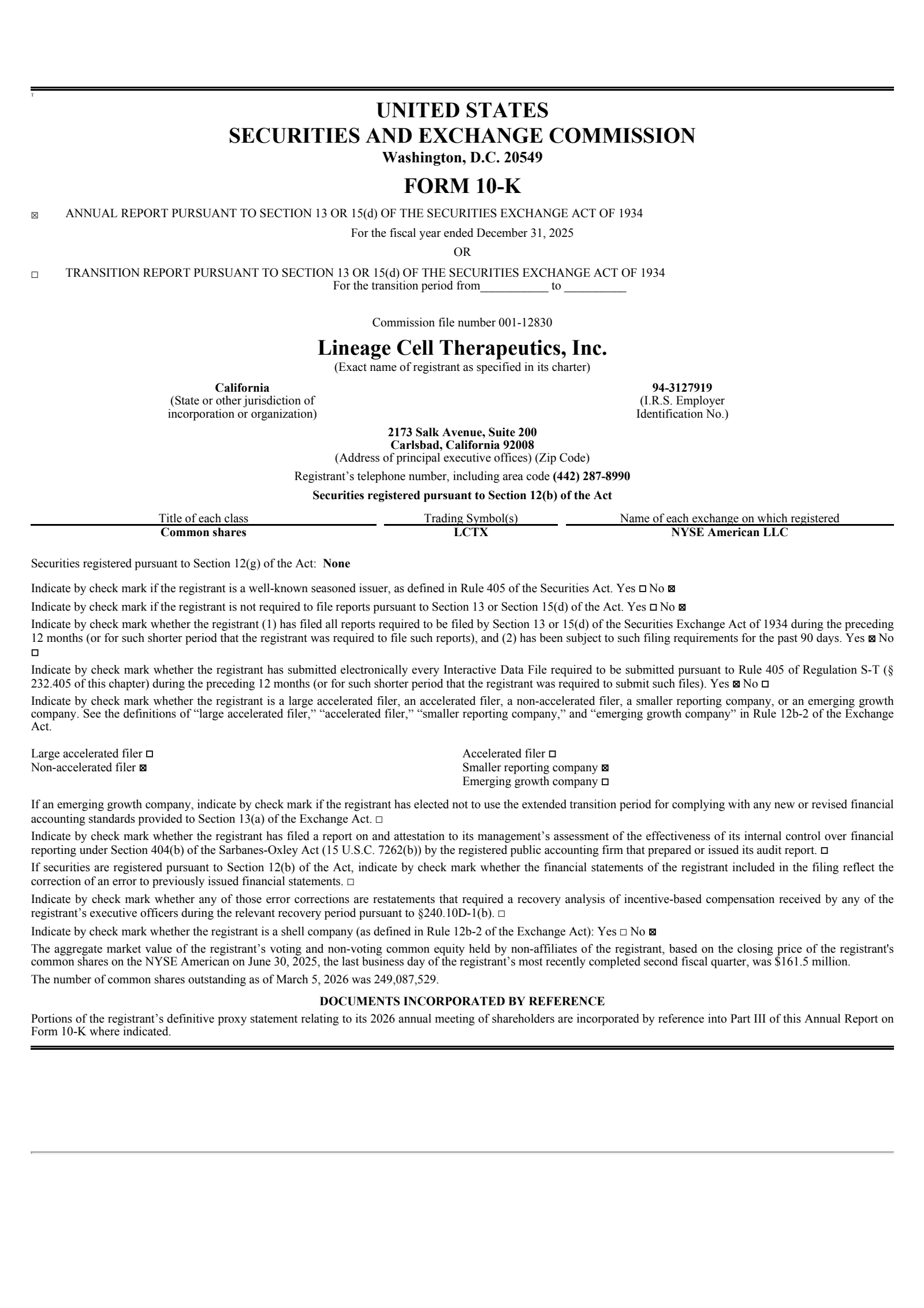 Lineage Cell Therapeutics' Q4 2025 Annual report