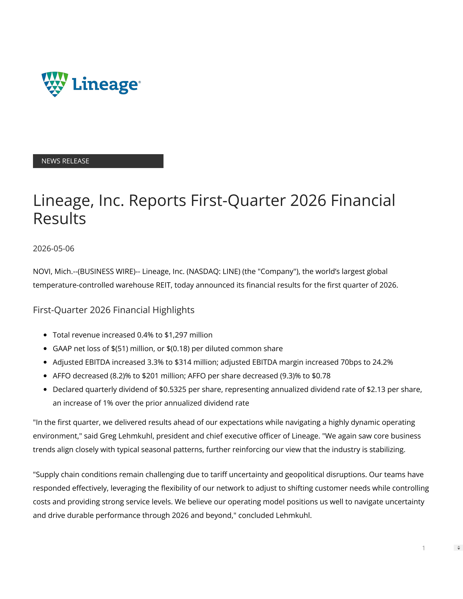 Lineage's Q1 2026 Press Release