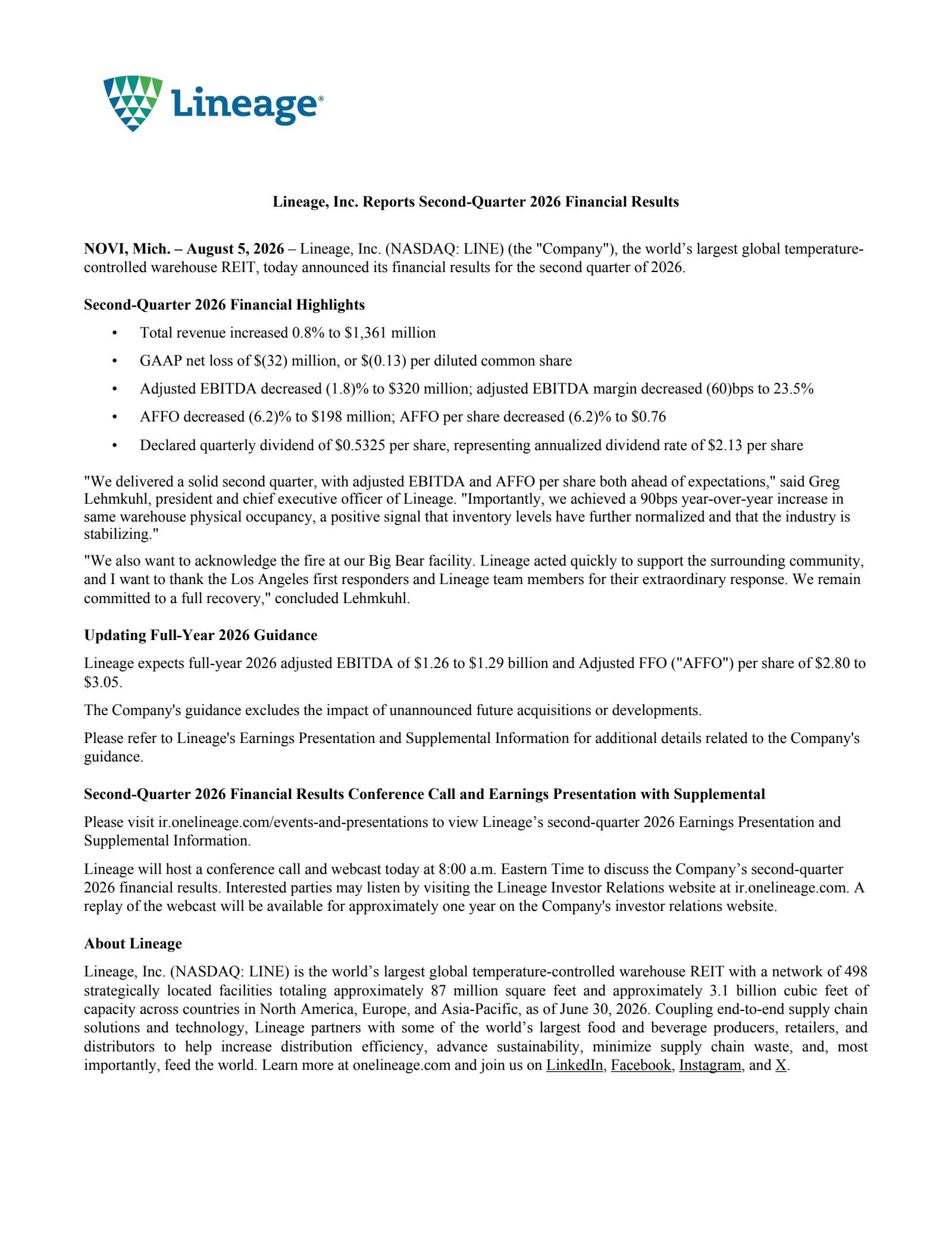 Lineage's Q2 2026 Press Release