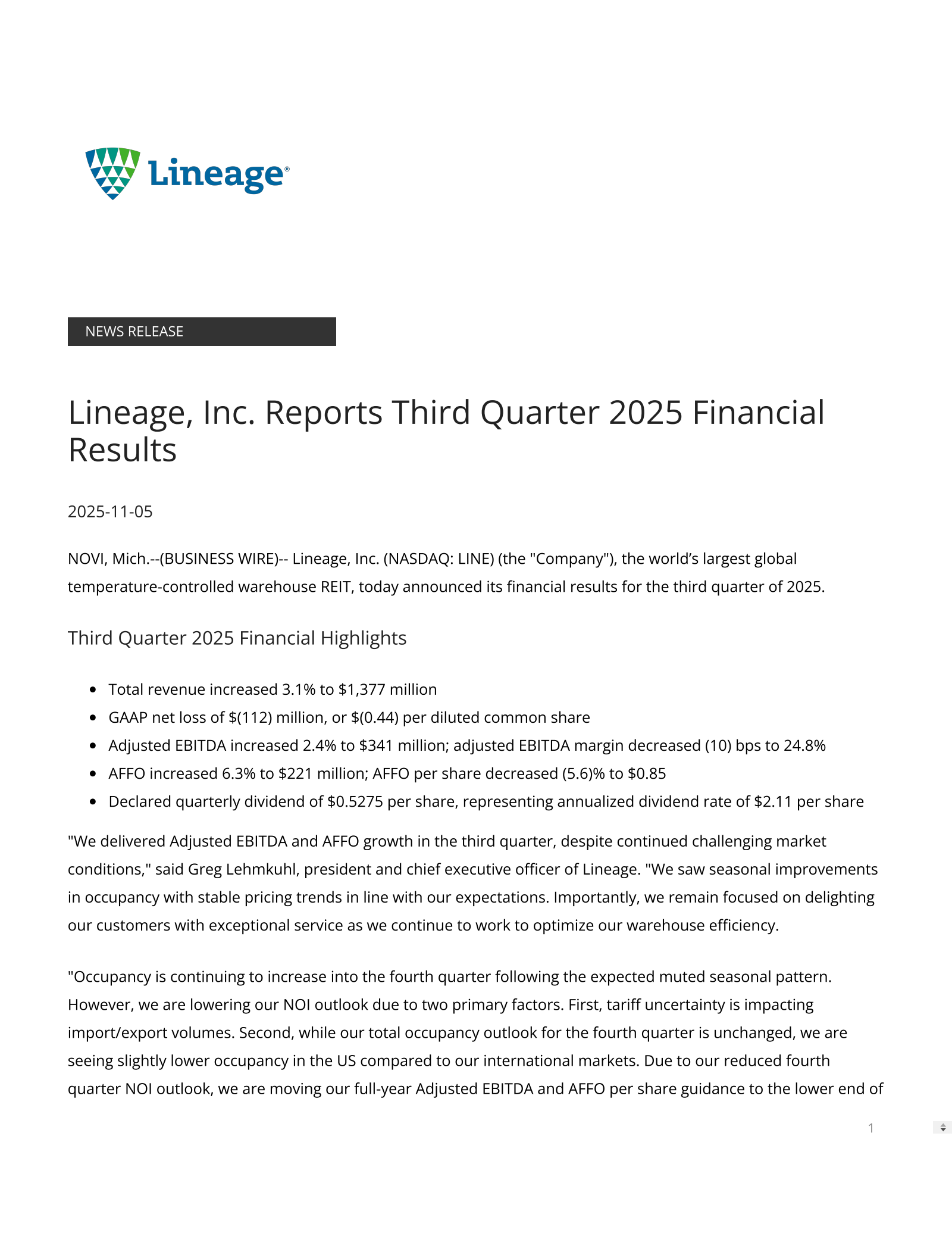 Lineage's Q3 2025 Earnings Release