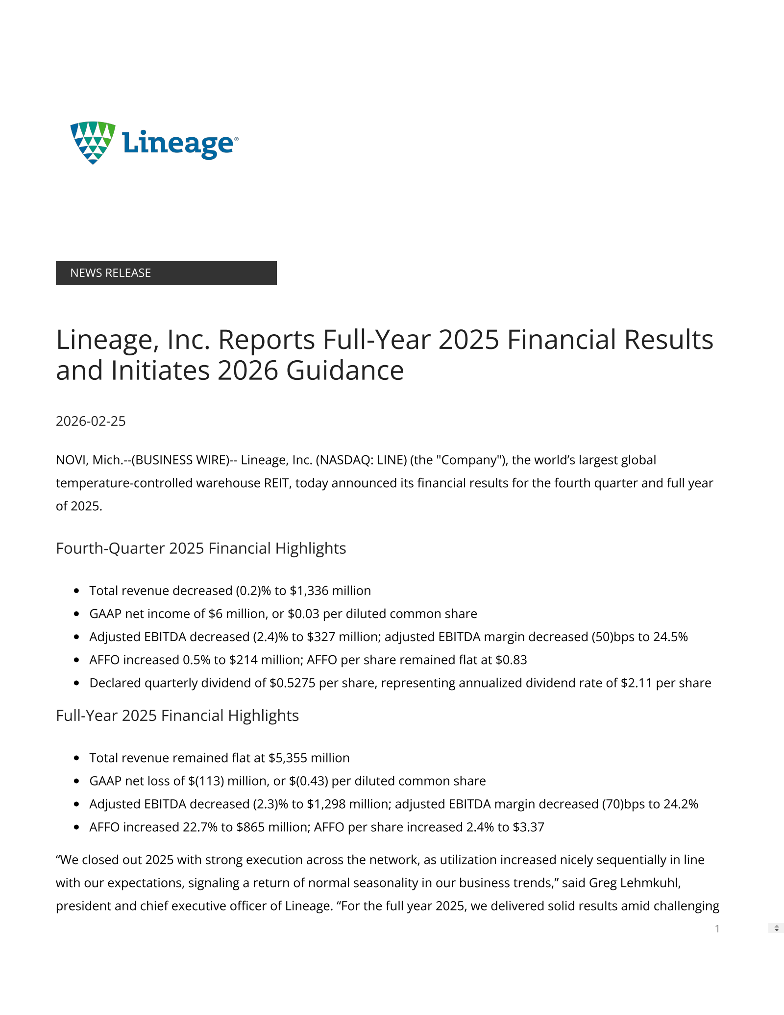 Lineage's Q4 2025 Press Release
