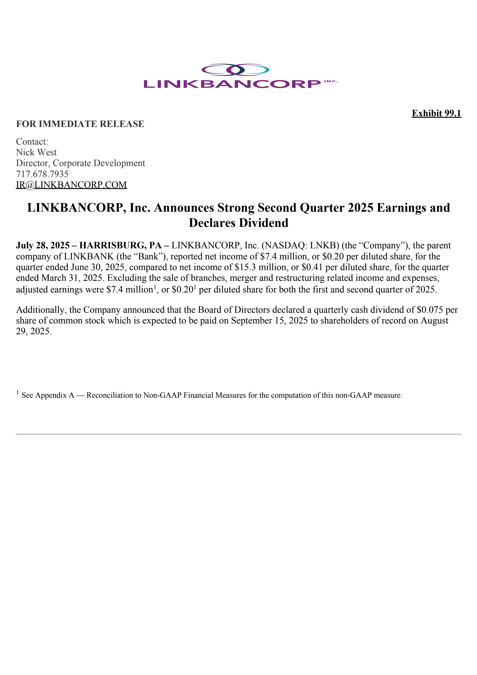 LINKBANCORP's Q2 2025 Press Release