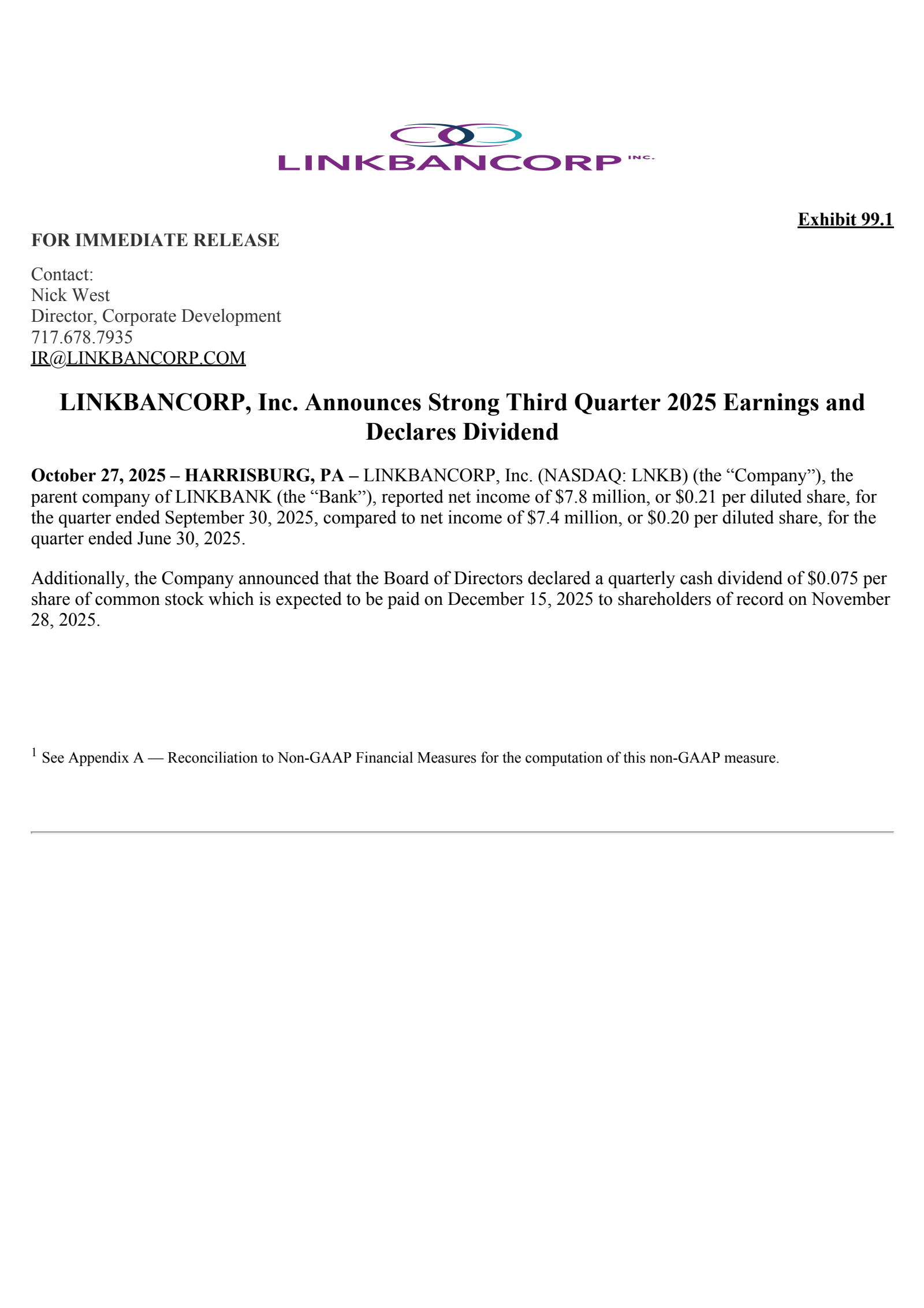 LINKBANCORP's Q3 2025 Earnings Release