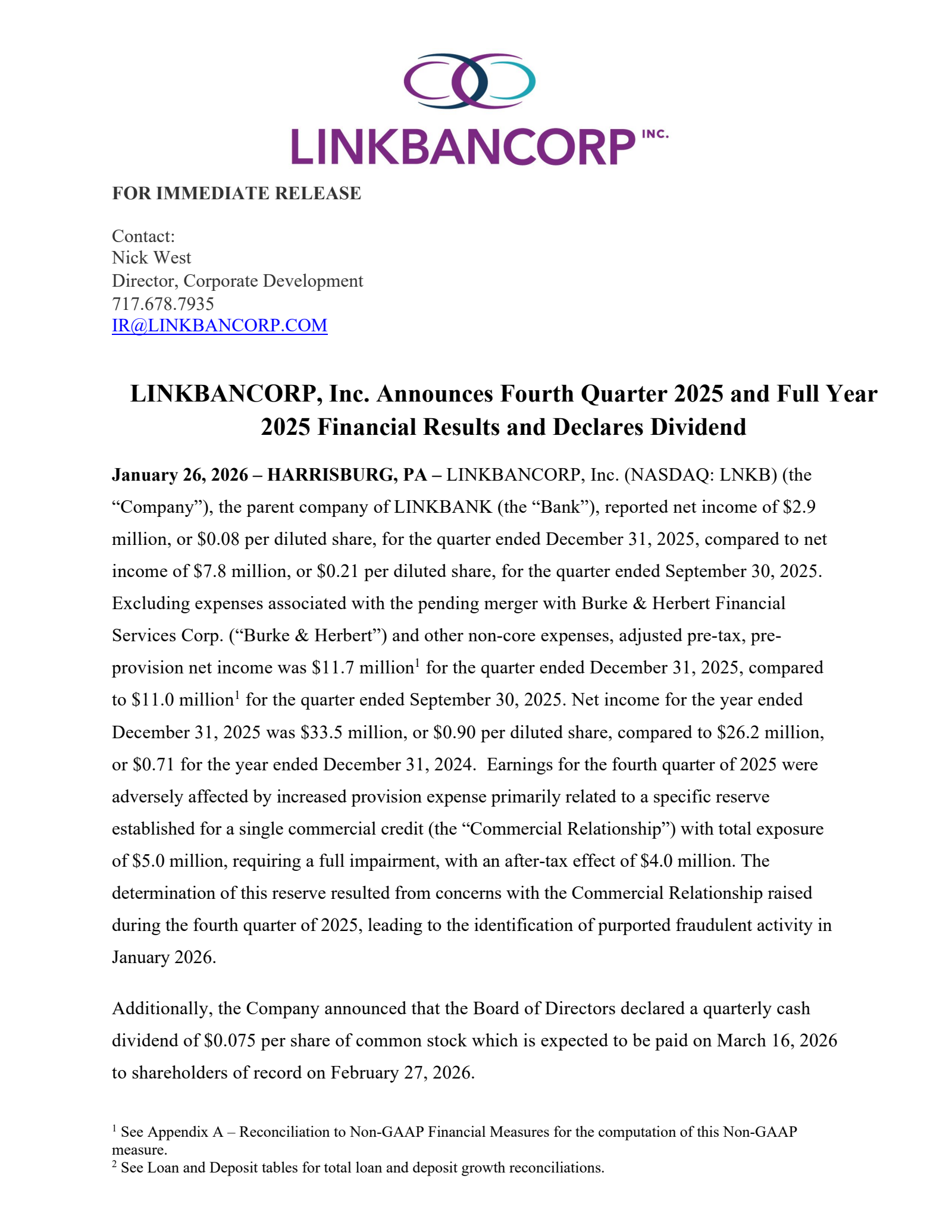 LINKBANCORP's Q4 2025 Press Release