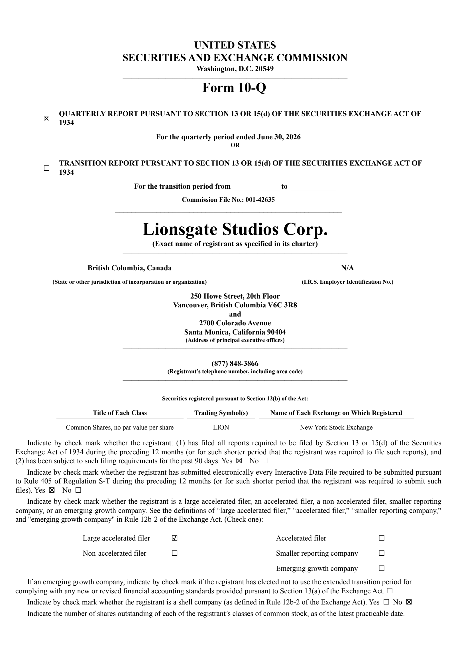 Lionsgate Studios' Q1 2027 Quarterly report