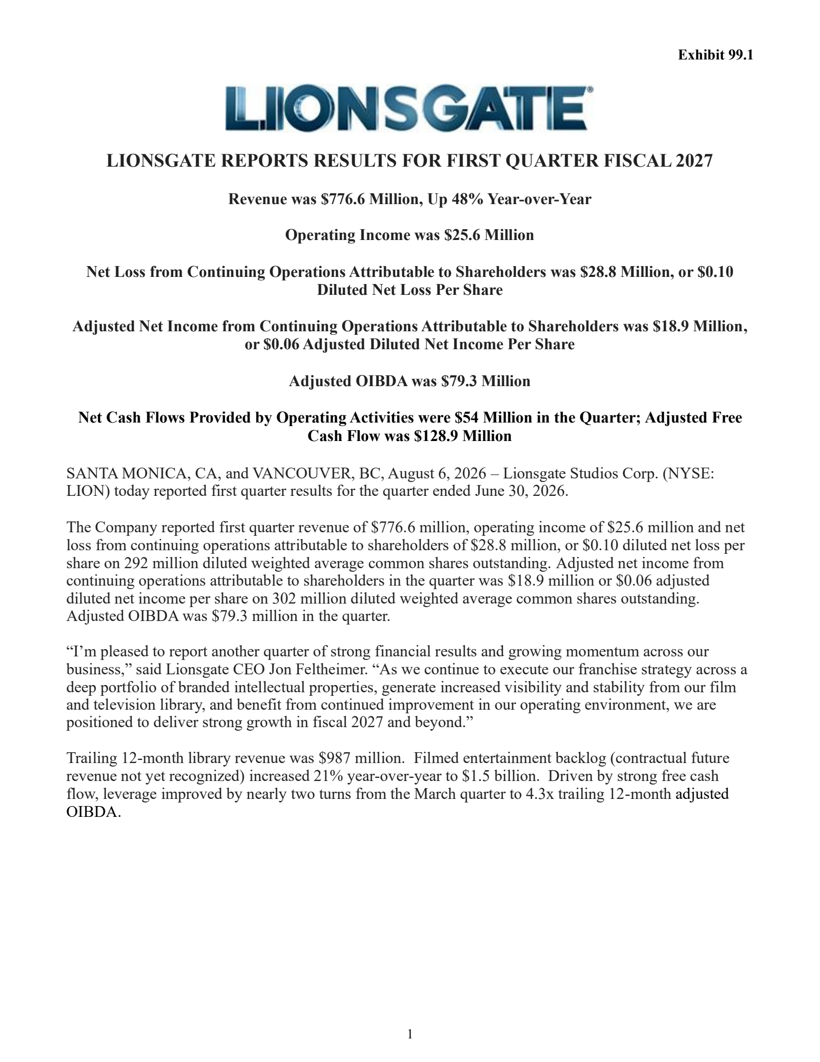 Lionsgate Studios' Q1 2027 Press Release