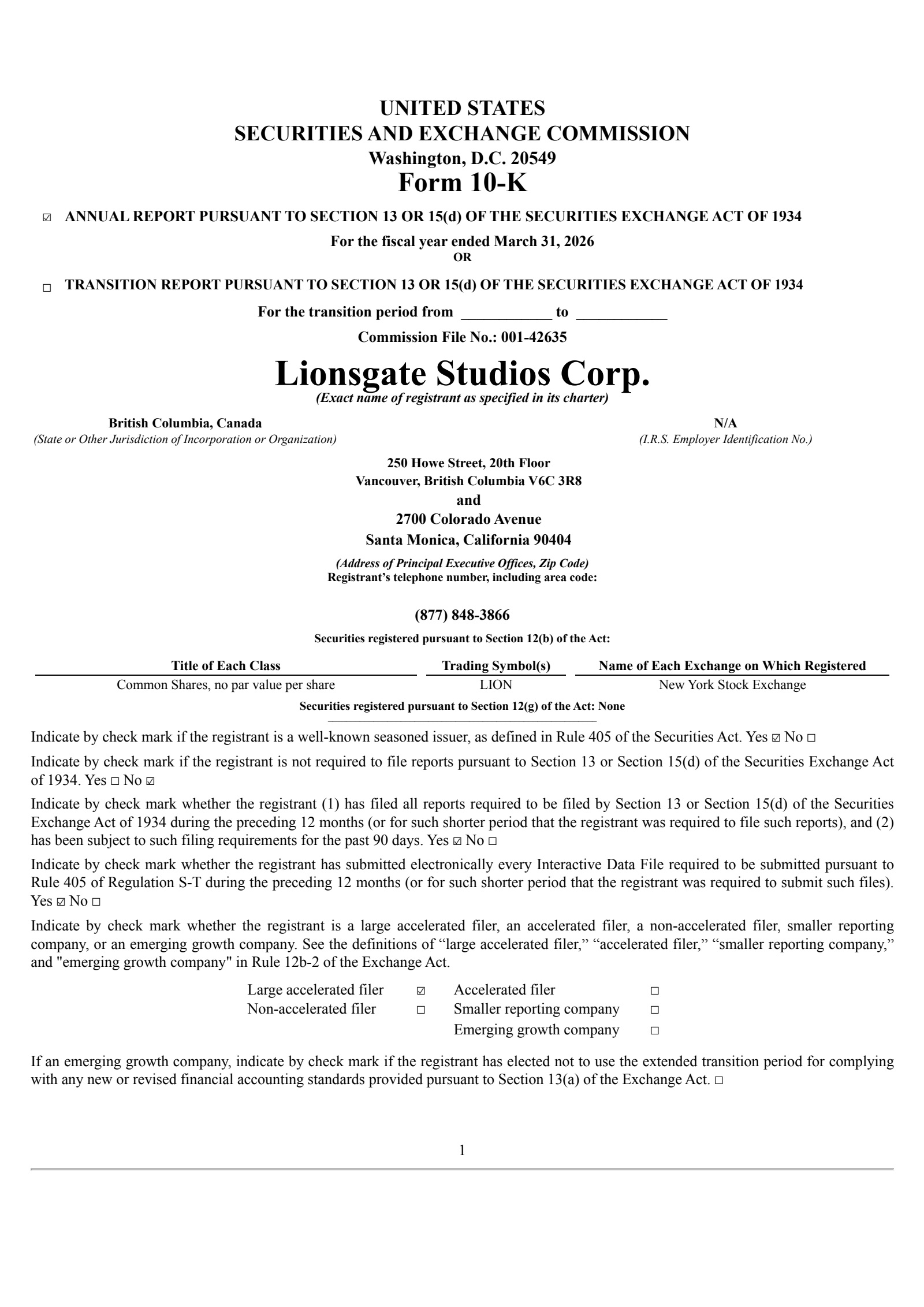 Lionsgate Studios' Q4 2026 Annual report