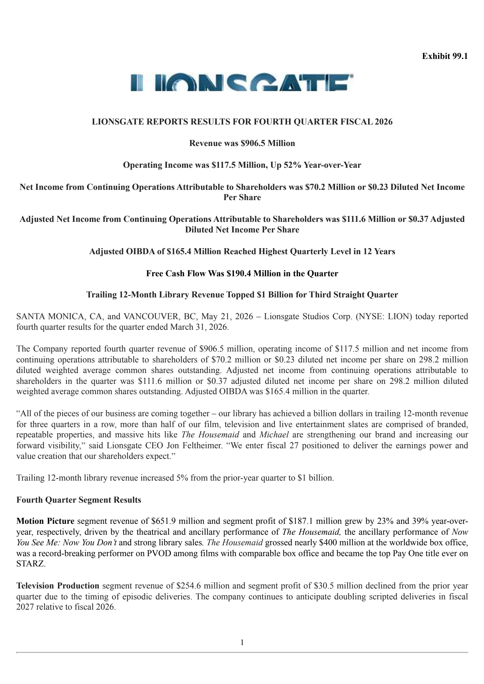 Lionsgate Studios' Q4 2026 Press Release