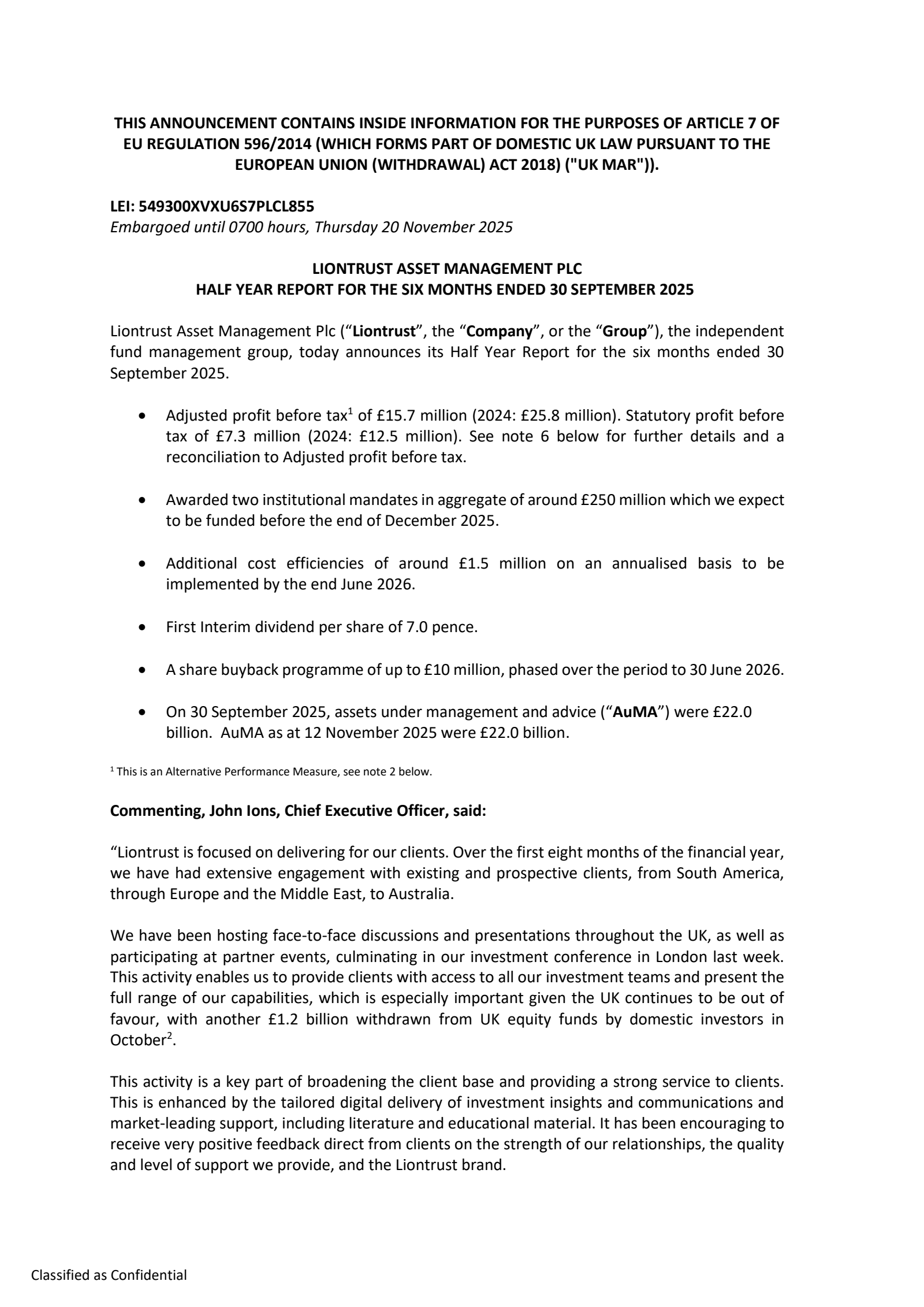 Liontrust Asset Management's H1 2026 Interim Report