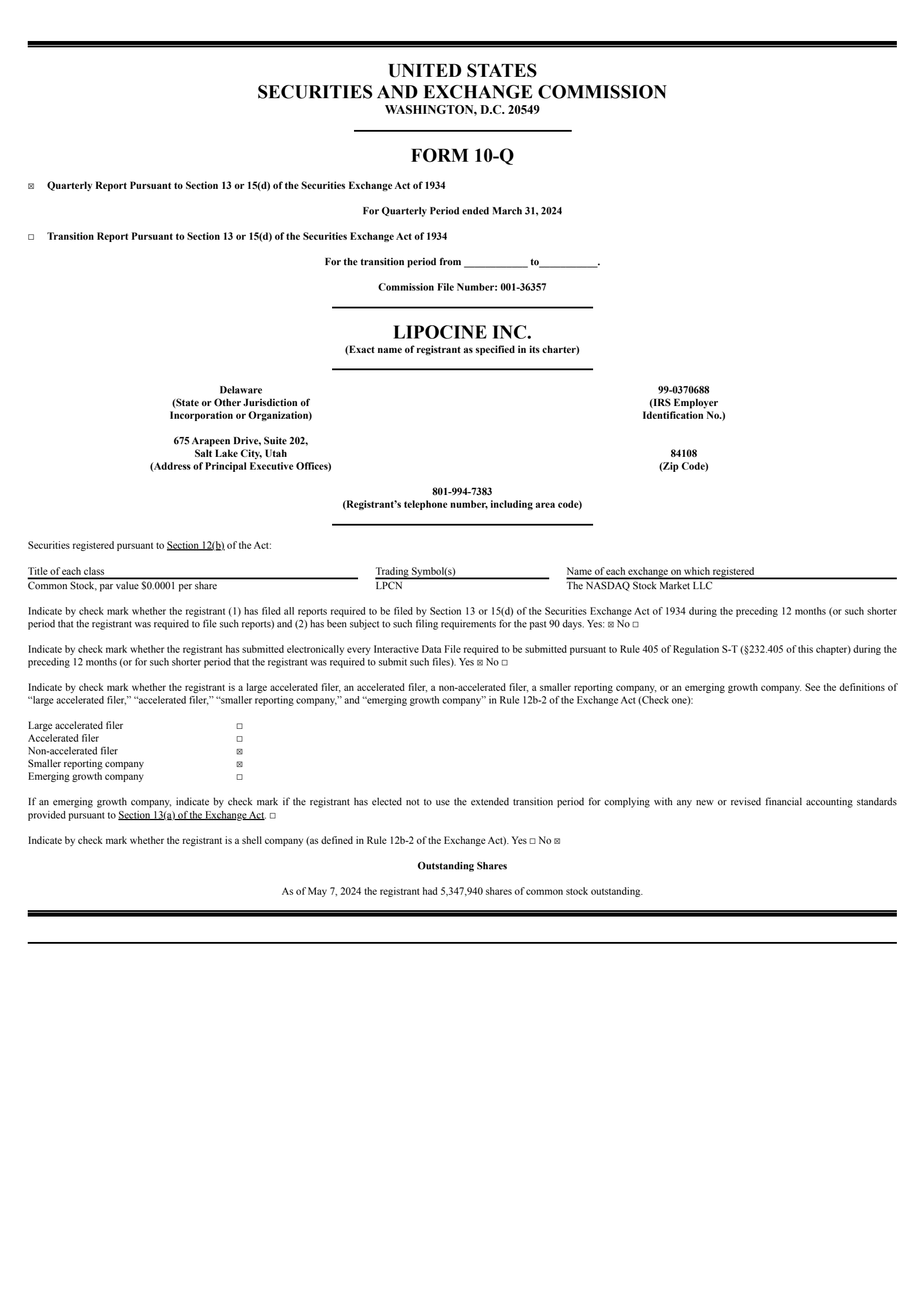 Lipocine's Q1 2024 Quarterly report