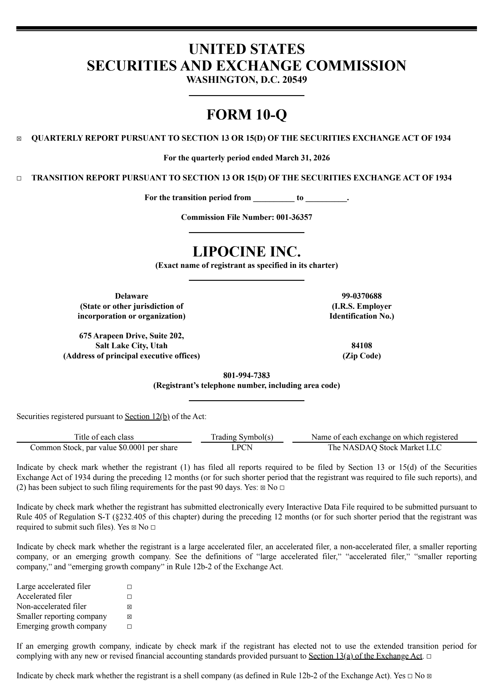 Lipocine's Q1 2026 Quarterly report