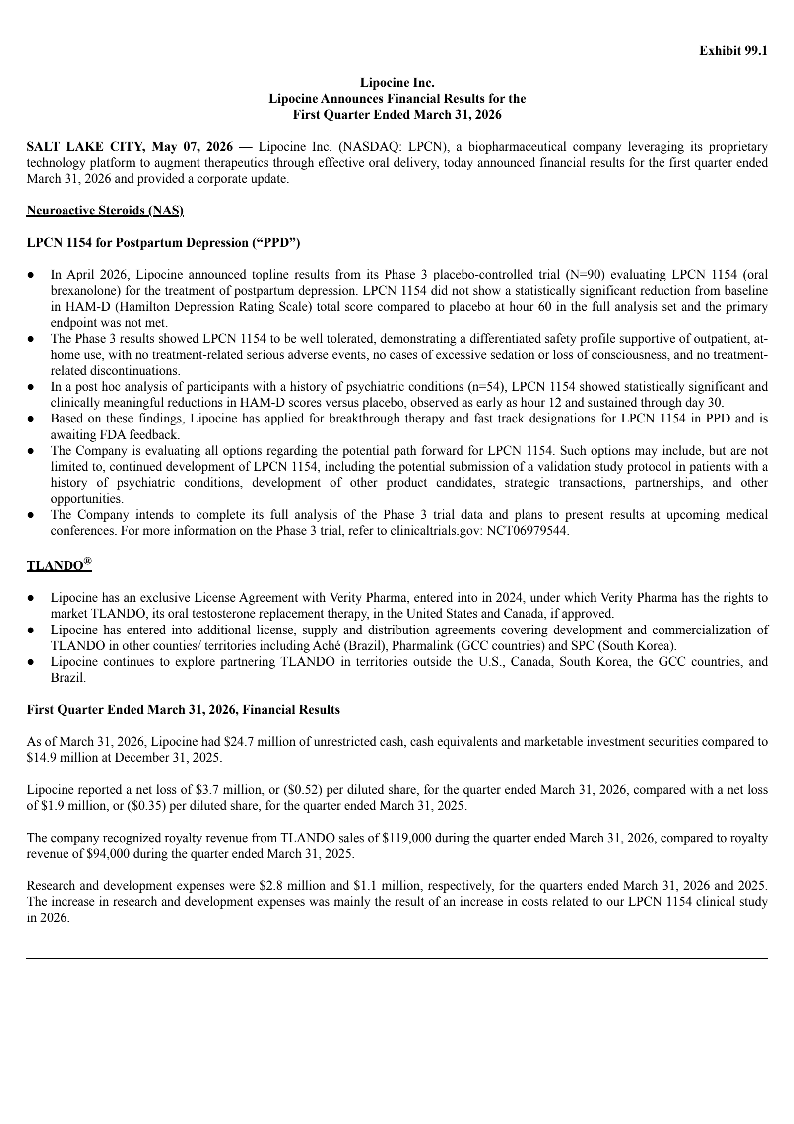 Lipocine's Q1 2026 Press Release