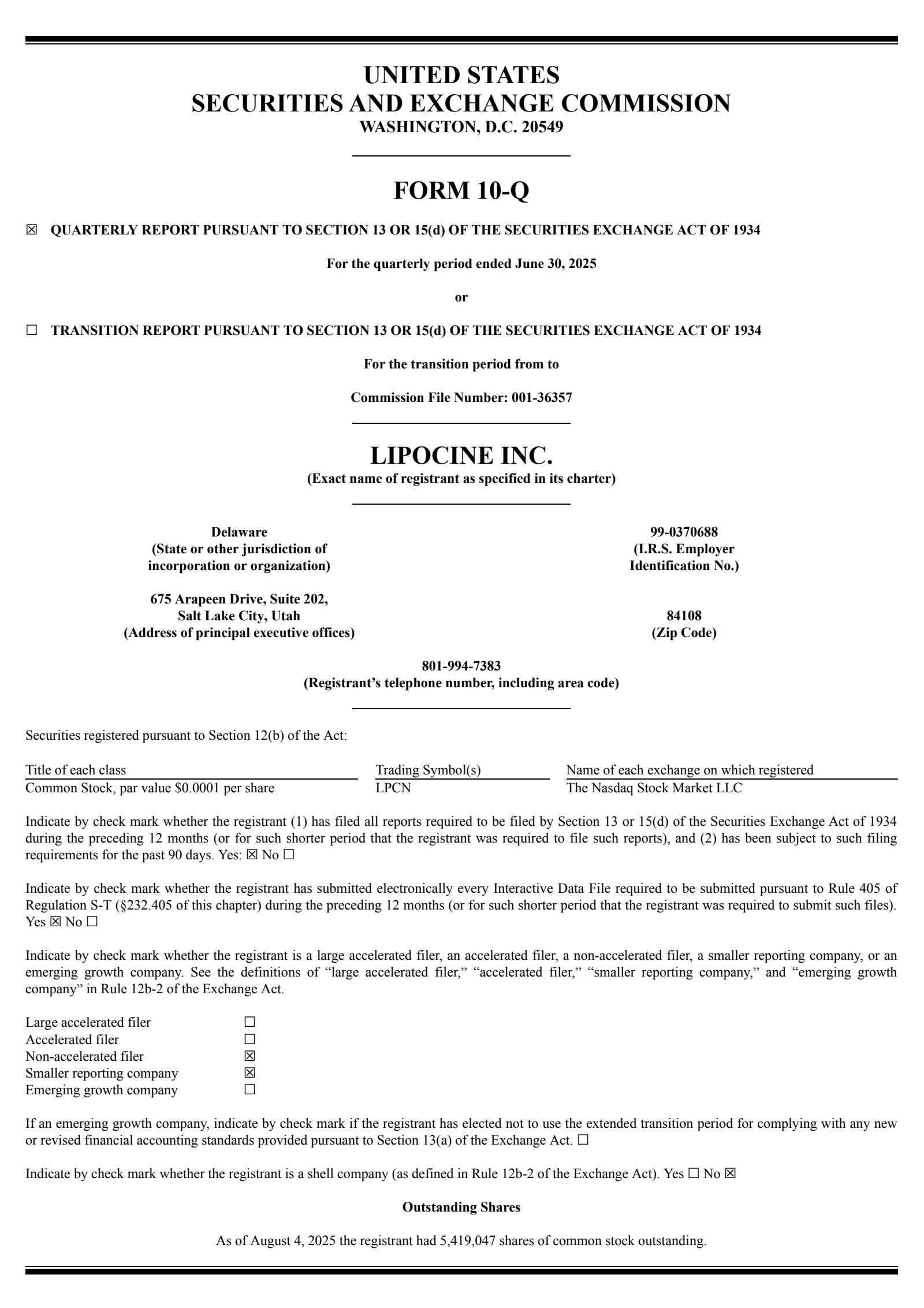 Lipocine's Q2 2025 Quarterly Report