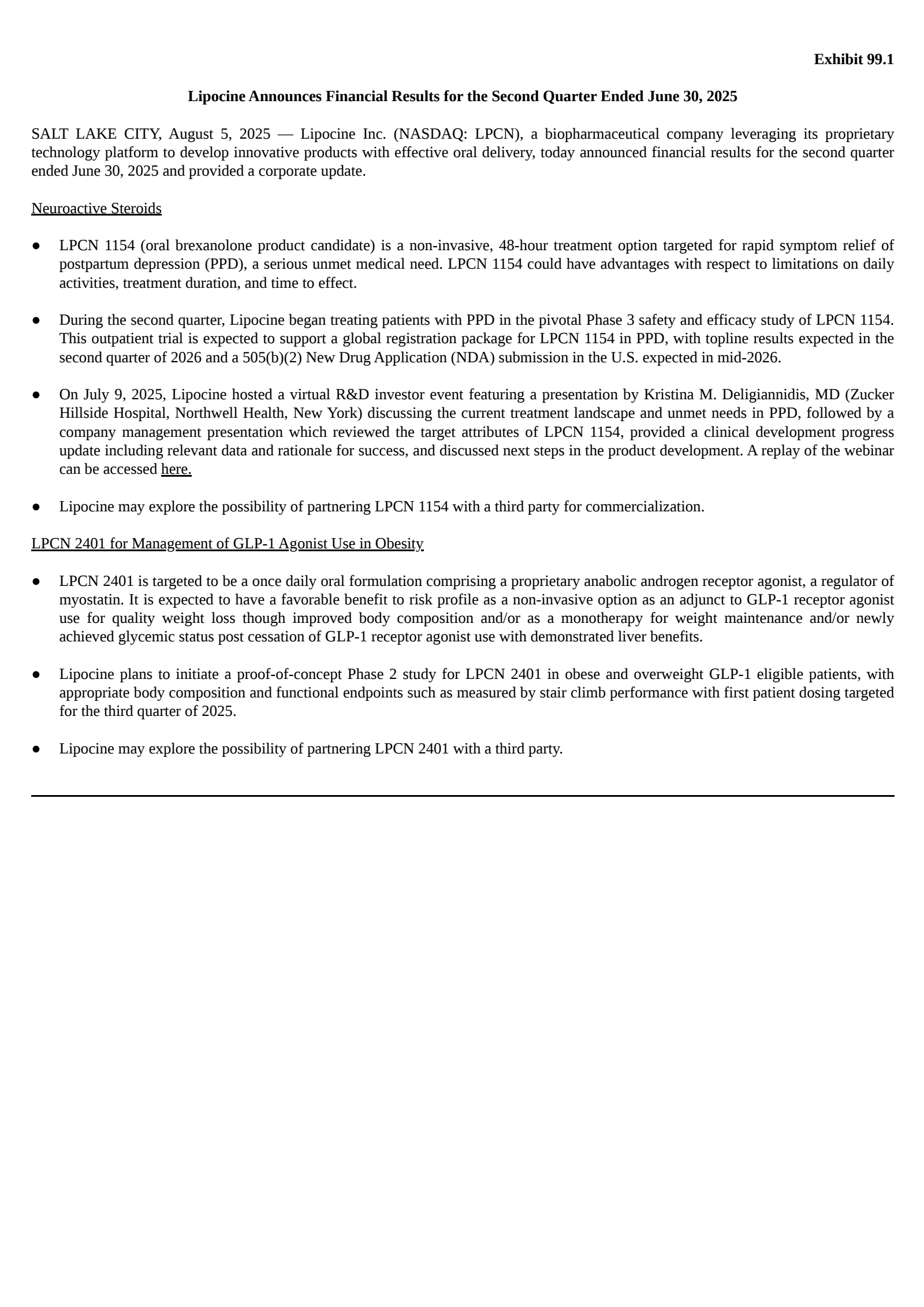 Lipocine's Q2 2025 Press Release