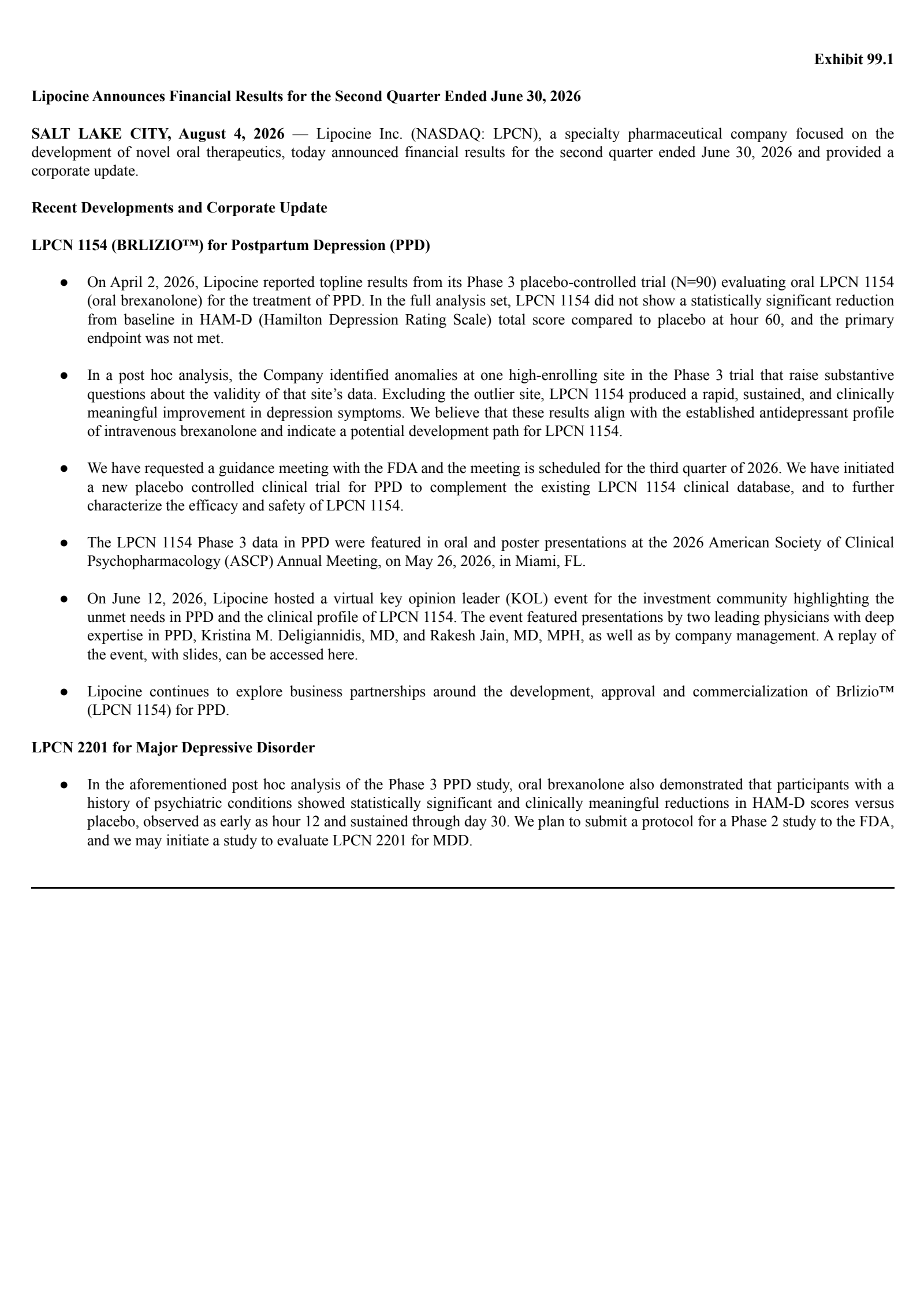 Lipocine's Q2 2026 Press Release