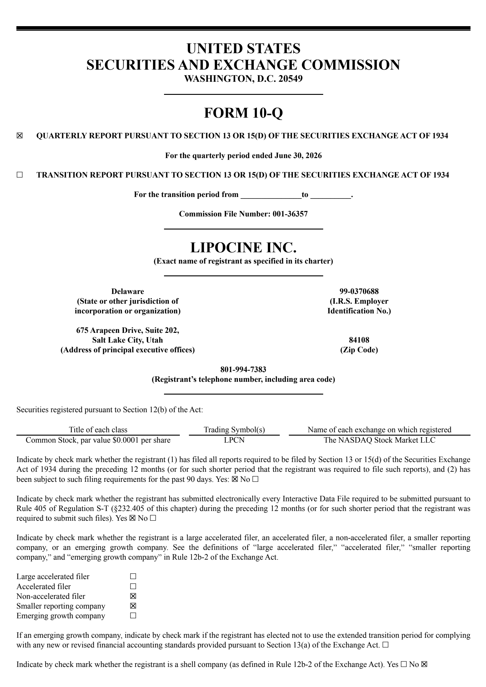 Lipocine's Q2 2026 Quarterly report