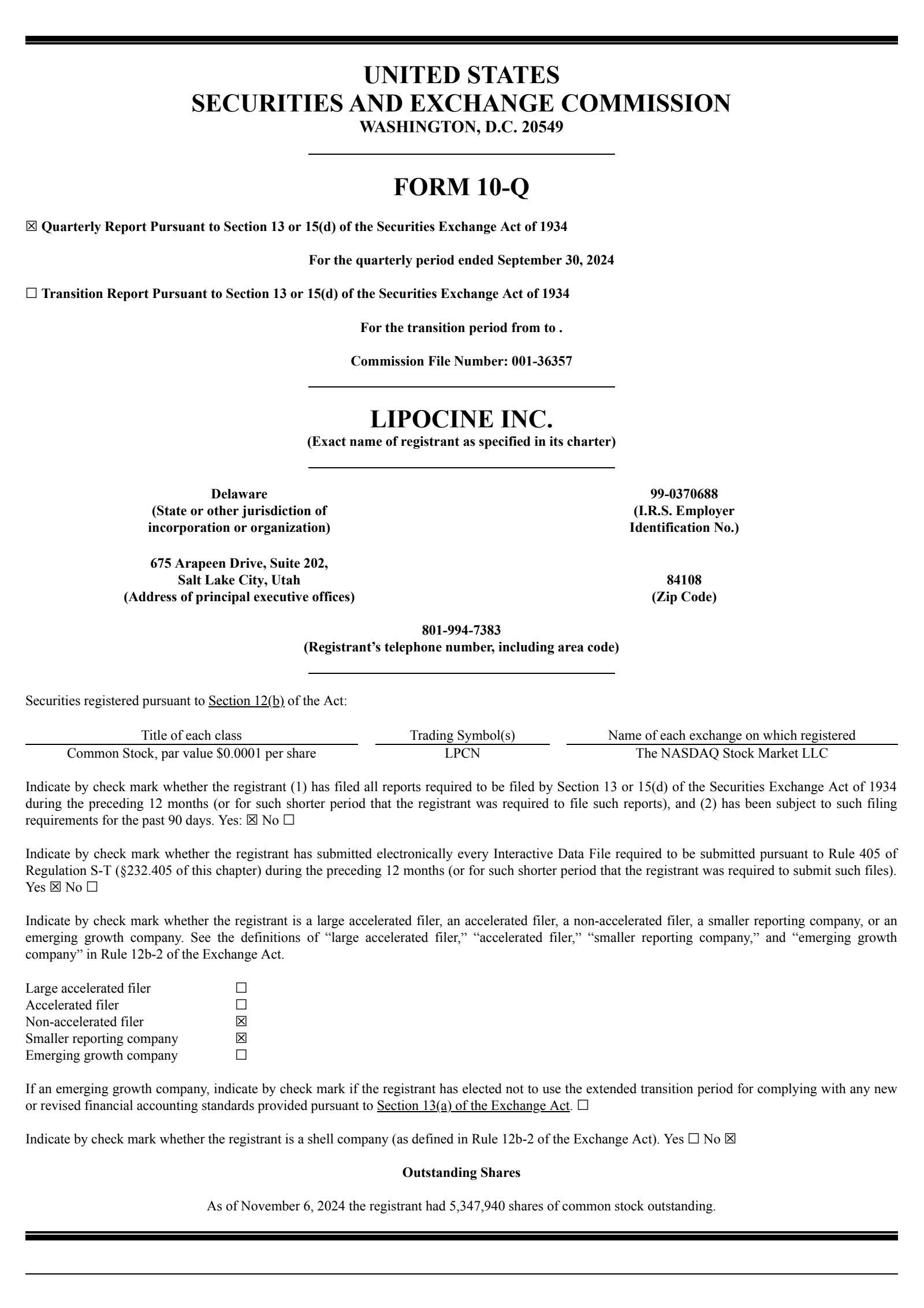 Lipocine's Q3 2024 Quarterly Report