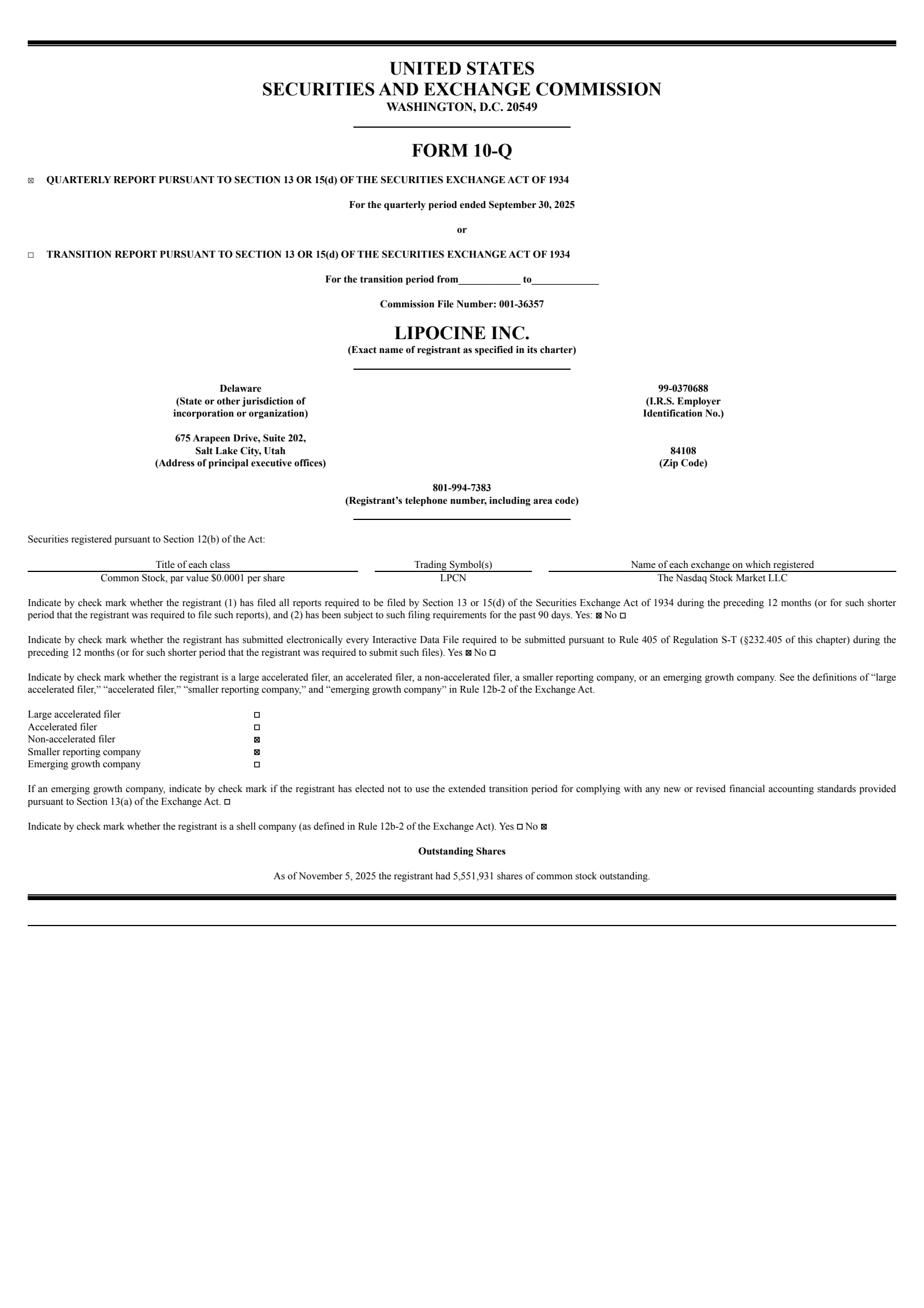 Lipocine's Q3 2025 Quarterly Report
